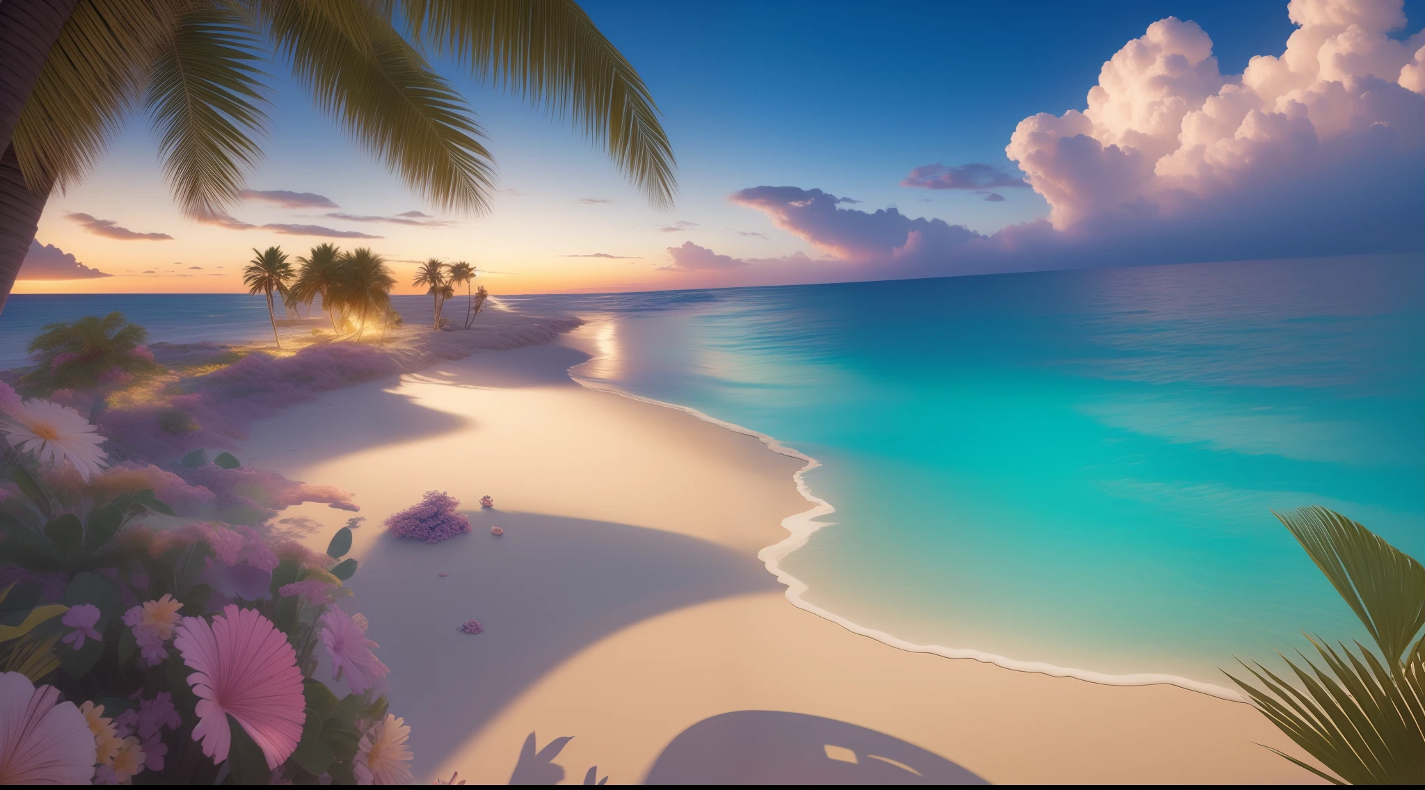 sunny clear sky，fantasticcolors，Hawaiian islands，Draw tropical landscape with palm trees, Tropical landscape, Tropical atmosphere,author：Jason Benjamin，an abstract tropical landscape, inspired by Brothers Hildebrandt,