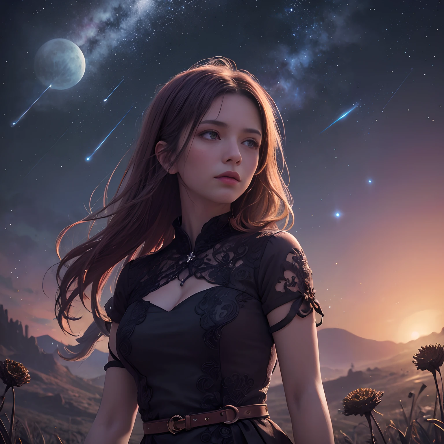 A wide landscape photo, (viewed from below, the sky is above, and the open field is below), a girl standing on a flower field looking up, (full moon: 1.2), (meteor: 0.9), (nebula: 1.3), distant mountains , Trees BREAK Crafting Art, (Warm Light: 1.2), (Firefly: 1.2), Lights, Lots of Purple and Orange, Intricate Details, Volumetric Lighting BREAK (Masterpiece: 1.2), (Best Quality), 4k, Ultra Detailed, (Dynamic Composition: 1.4), Rich in Detail and Color, (Rainbow Color: 1.2), (Glow, Atmospheric Lighting), Dreamy, Magical, (Solo: 1.2)