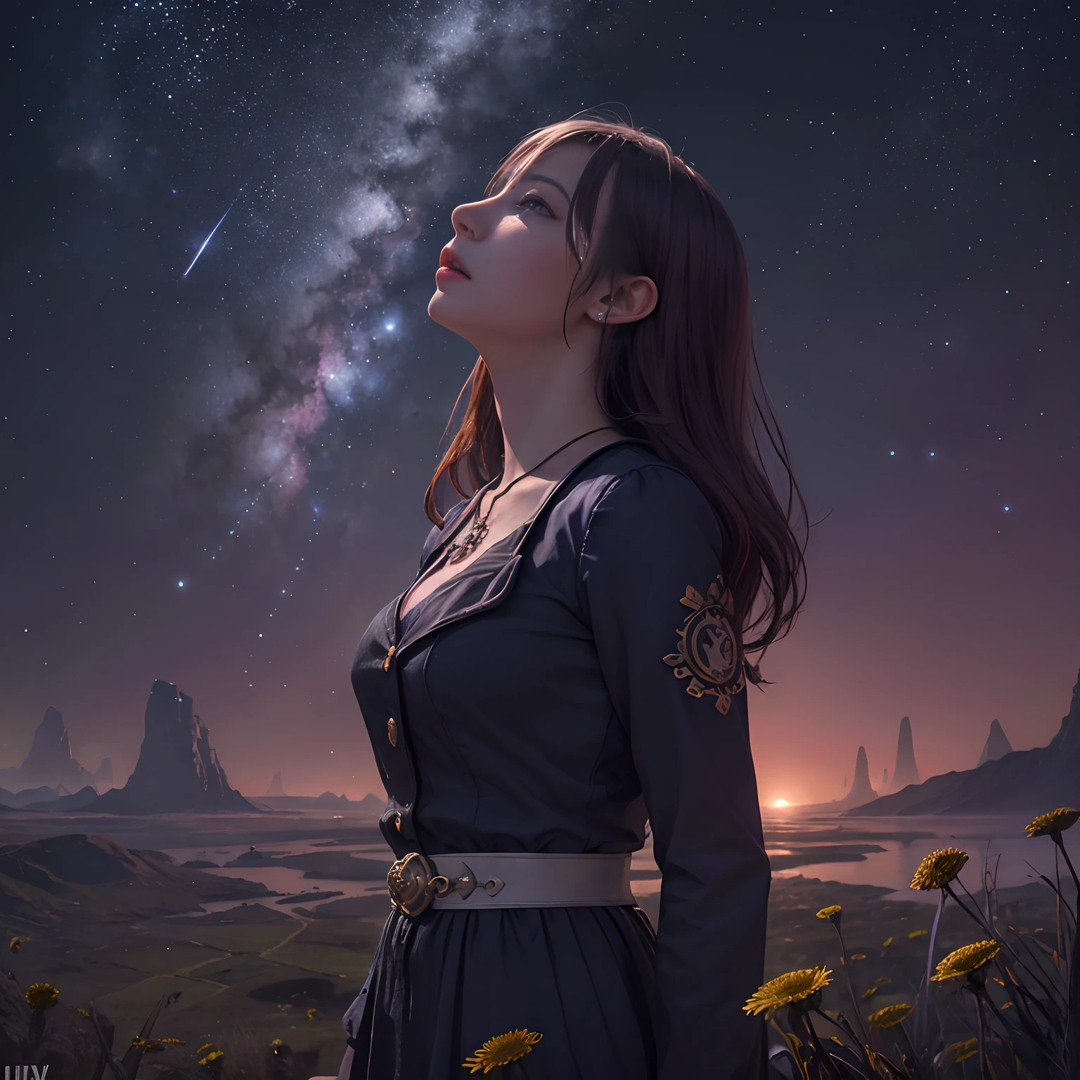 (Absurd, Cinematic, nffsw, Haute, ultra-detailliert, ultra-detailliert), Woman looking up at the sky, upper body closeup, Dark purple sky, Nebulae in the sky, The Last Five in the Sky, Big moon in the sky, shooting stars, Dandelion field, mont, Oil Painting, Detailed dandelion field, Detailed sky, Sunset, unreal engine 4k wallpaper