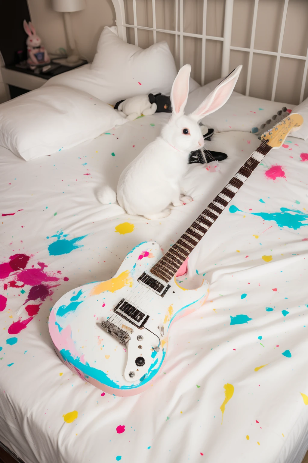 Rabbit in bed、(White rabbit splattered with colorful paint)、Rabbits are stained with colorful paint,a bucket with a lot of paint,,,Paint overflowing from a bucket, (Sneakers stained with paint on the bed),Strawberries on the beds、Strawberry jam falling on the beds,whipped cream、Fender Guitar