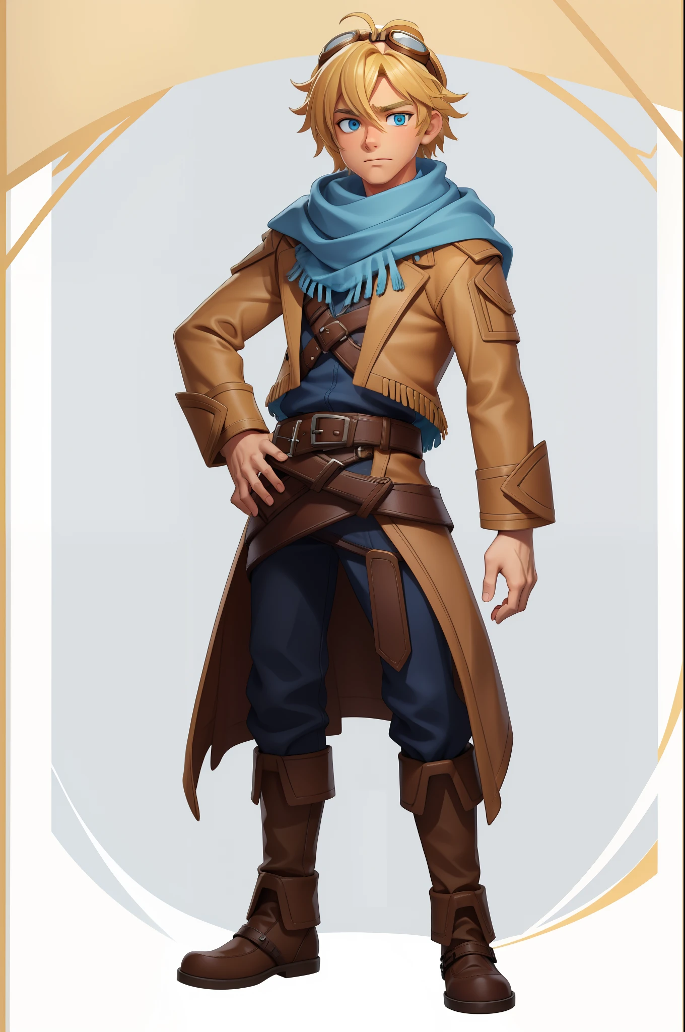 White background, High Quality, ((full body)), (detailed face), (detailed eyes), standing, Eye Height, solo, Front Angle, Nothing in hand, 1Man, ((Male)), Lightly Tanned Skin, (((Blonde Hair))), ezreal, brown winter jacket, goggles on head, belt, Blue long Scarf