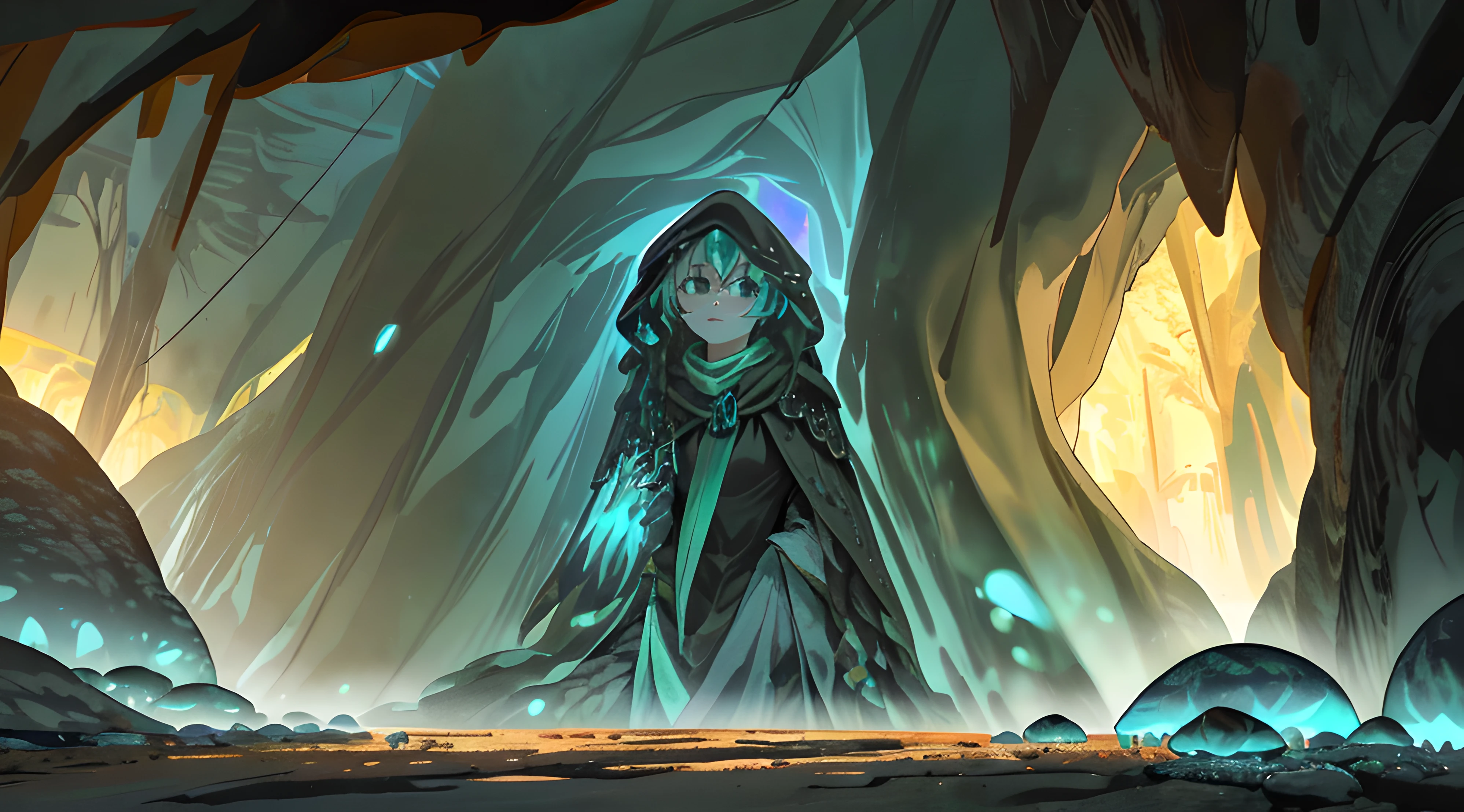 very detailed illustration, very saturated colors (hyperrealistic), a mysterious woman in the foreground (maron hood, looking at the ground, exploring), background of the image: interior of a dark cave(black, pointed stone), many mushrooms on the ground(emit radiant green light), some crystalline stones on the walls (blue, diffuse brightness), jet of water (translucent, falls horizontal from above),  orange light (very dense, very intense, above the image, enters horizontally through the ceiling of the cave), roots in the cracks of the walls (black, very thin), light fog throughout the room, scenery with very dark night light, very dark and elongated shadows