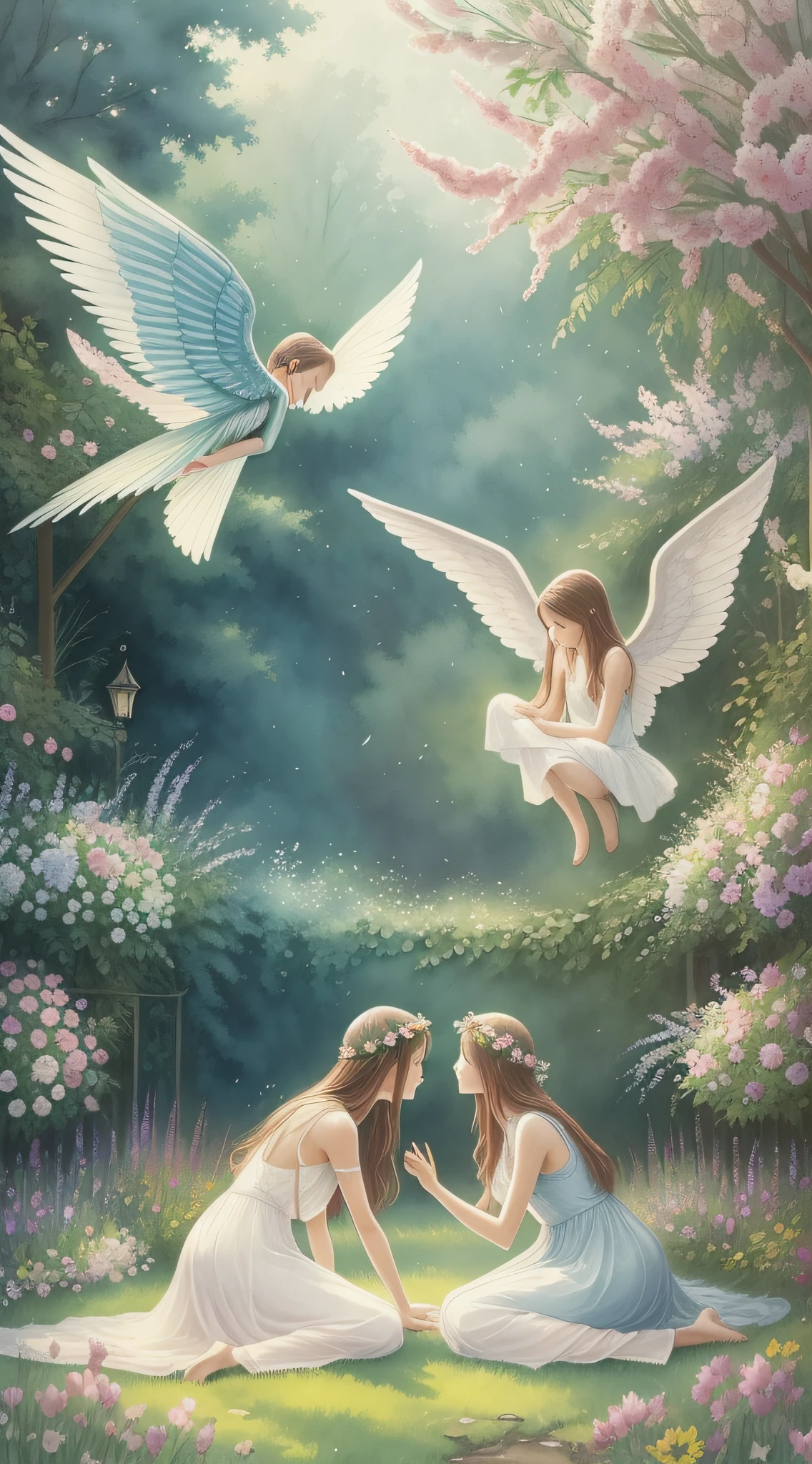 An atmospheric watercolor illustration of fallen angels in a peaceful garden, surrounded by vibrant flowers and lush vegetation. The candid shot captures their serene expressions and delicate wings, while the soft lighting adds a dreamlike quality to the scene. Spring colors evoke a sense of rebirth and spirituality. --s 90 --ar 3:2 --q 2