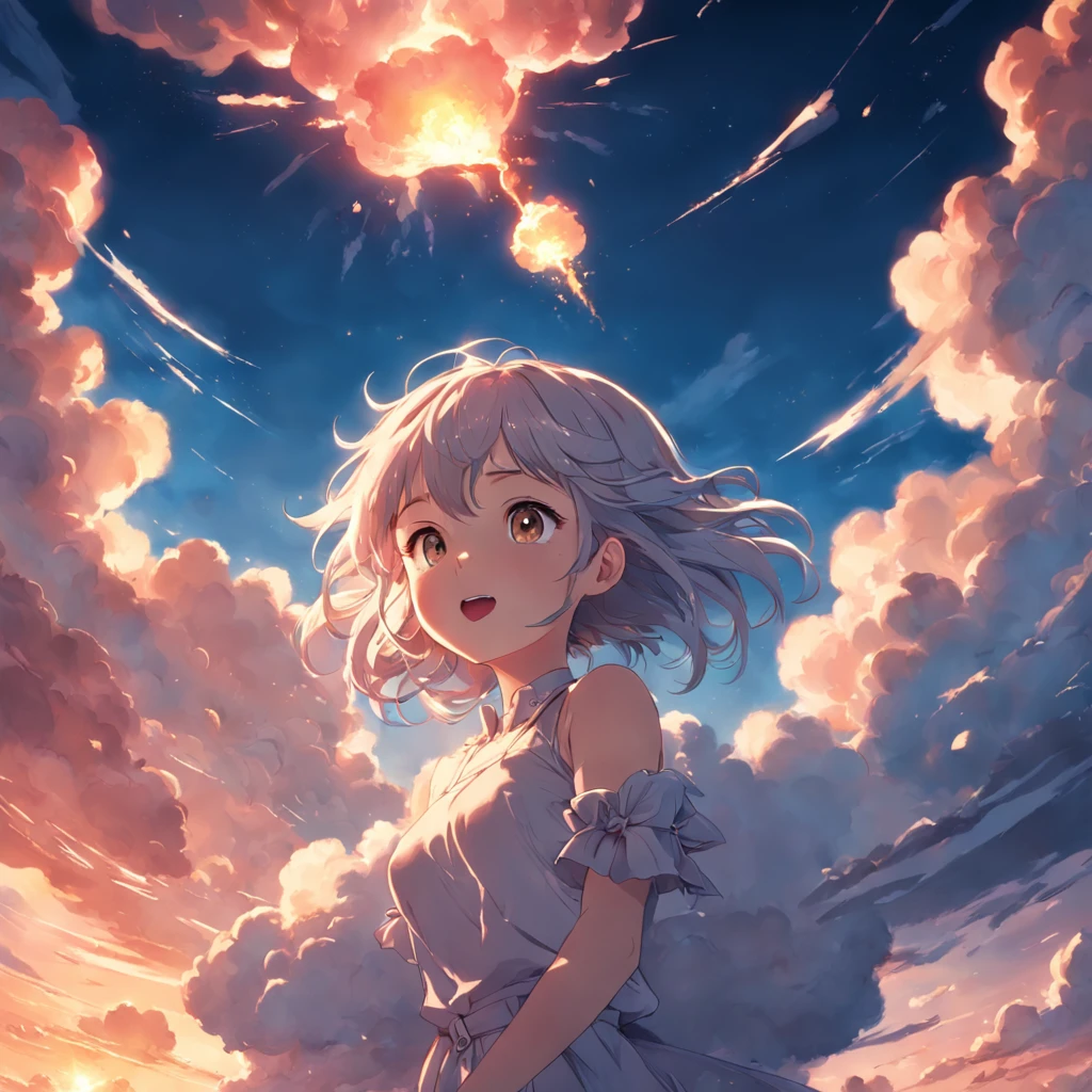 masterpiece, best quality, movie still, 1girl, cloud girl, floating in the sky, close-up, bright, happy, warm soft lighting, sunset, (sparks:0.7)