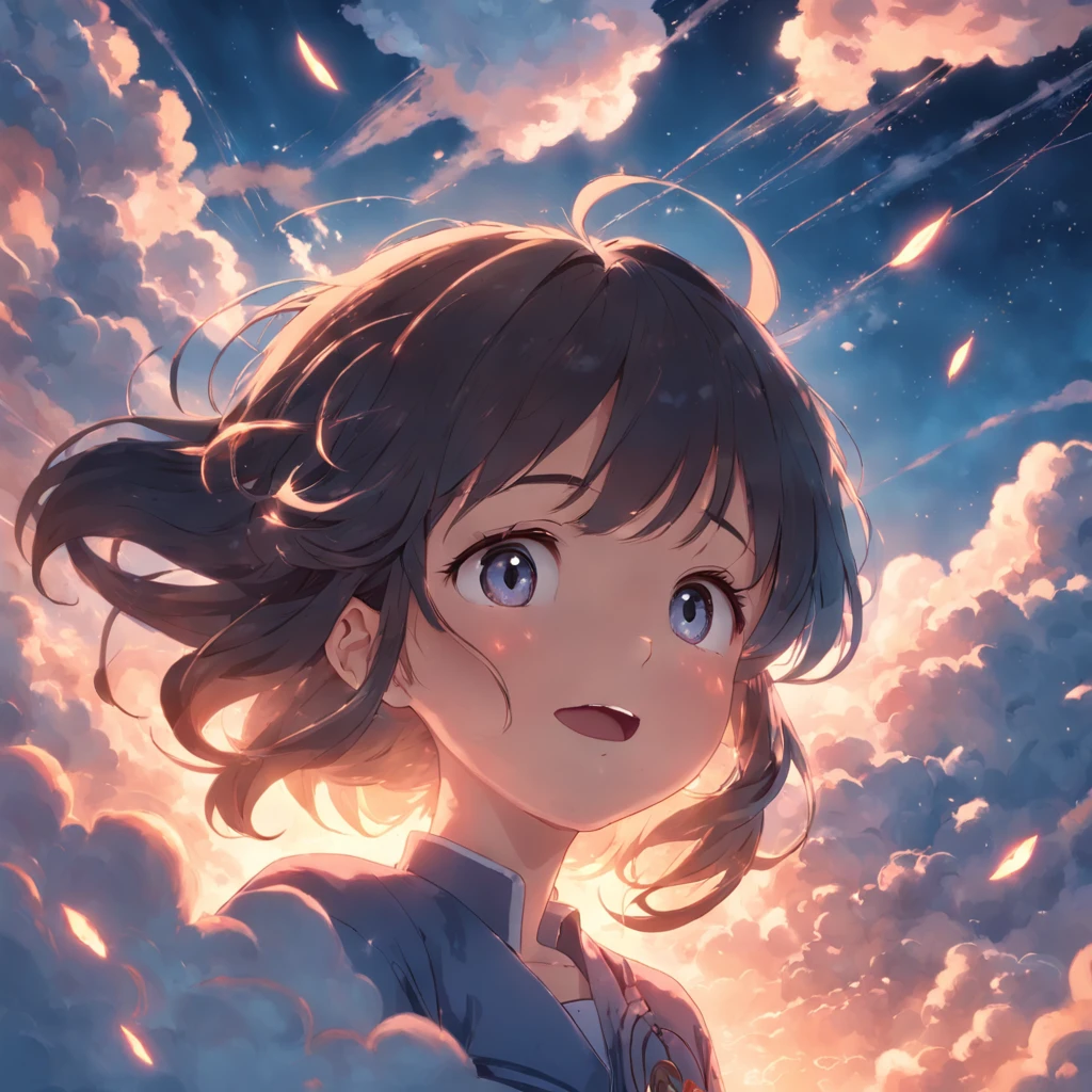 masterpiece, best quality, movie still, 1girl, cloud girl, floating in the sky, close-up, bright, happy, warm soft lighting, sunset, (sparks:0.7)