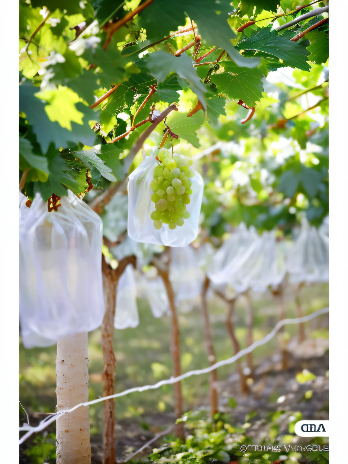 Many grapes hang from the branches, translucent grapes, vines hanging from trees,Clear detail, Close-up of translucent grapes, connected to nature via vines, vines hanging down,The green grapes are clearly outlined