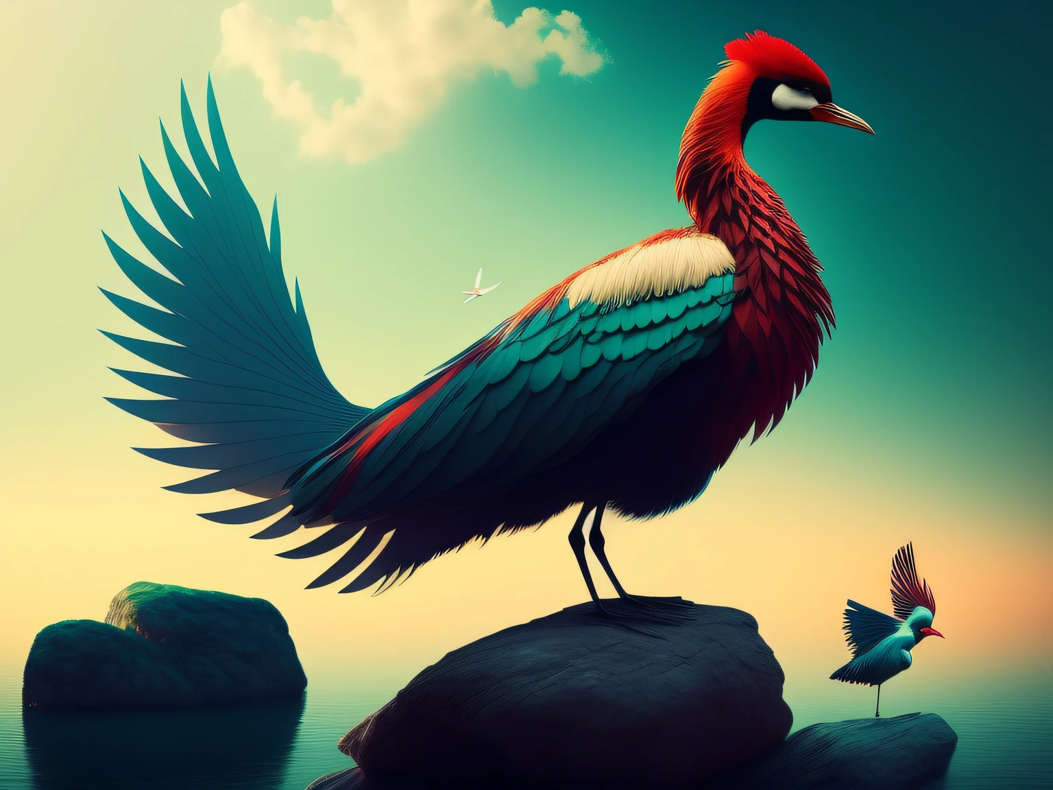 There is a one-legged red-crowned crane standing on a rock in the grass, Cyan back feathers，Red belly feathers，White mouth，a digital painting inspired by Mike Winkelmann, cgsociety contest winner, Fantasy art, fiery bird, birds f cgsociety, Beautiful digital artwork, surrealistic bird, Fantasy art Behance, stunning digital illustration, artwork of a phoenix, surrealistic bird, trend on behance 3d art