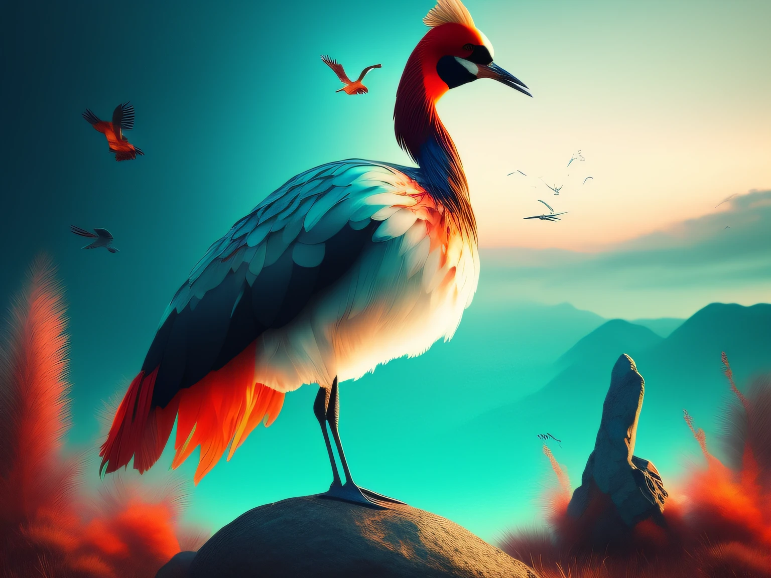 There is a one-legged red-crowned crane standing on a rock in the grass, Cyan back feathers,Red belly feathers,White mouth,a digital painting inspired by Mike Winkelmann, cgsociety contest winner, Fantasy art, fiery bird, birds f cgsociety, Beautiful digital artwork, surrealistic bird, Fantasy art Behance, stunning digital illustration, artwork of a phoenix, surrealistic bird, trend on behance 3d art