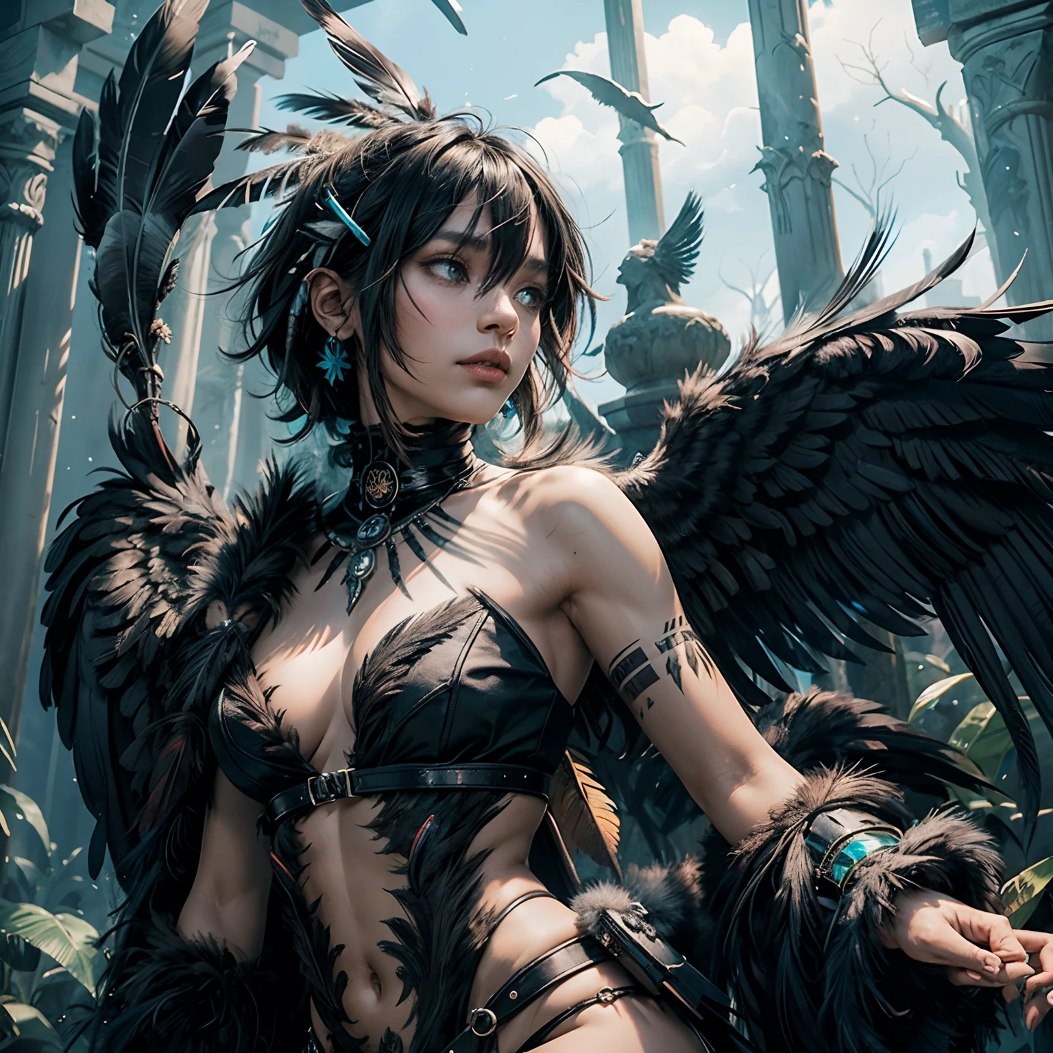 Solo character, indigenous man, anthropozoomorph, humanoid, large black feathers, black feathers and black wings ,tabby body, wings on the back [blue body:1.2+white body:1.1+grey], human, [raven head:1.5], dark forest, amazon)