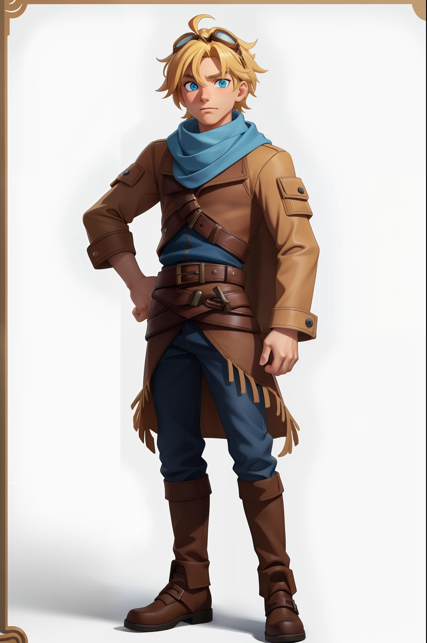 White background, High Quality, ((full body)), (detailed face), (detailed eyes), standing, Eye Height, solo, Front Angle, Nothing in hand, 1Man, ((Male)), Lightly Tanned Skin, (((Blonde Hair))), ezreal, brown winter jacket, goggles on head, belt, Blue long Scarf