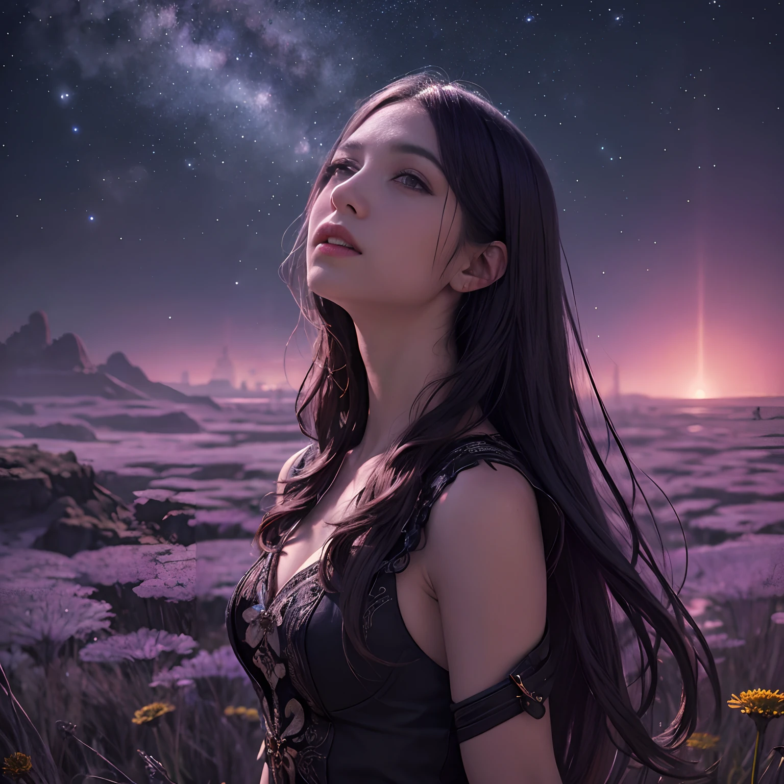 (Absurd, Cinematic, nffsw, Haute, ultra-detailliert, ultra-detailliert), Woman looking up at the sky, upper body closeup, Dark purple sky, Nebulae in the sky, The Last Five in the Sky, Big moon in the sky, shooting stars, Dandelion field, mont, Oil Painting, Detailed dandelion field, Detailed sky, Sunset, unreal engine 4k wallpaper