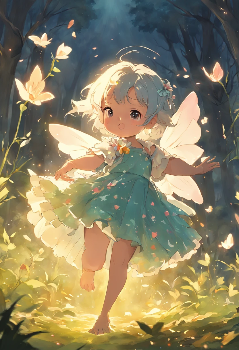 ln the forest,night moon,Mini cute 3 year old flower fairy, Chubby toot,Skirt made of petals,fresh flowers,Colorful colorful,Transparent colorful wings, Magic wand,closeup cleavage,Light attenuation,Glow effects,depth of fields,high light,Real light,Ray traching,oc rendered,Hyper-realistic,best qualtiy,8K,Works of masters,super-fine,Detailed pubic hair,Correct anatomy,sharp focus on eyes,Bokeh,Facial features are carefully depicted,in style of hayao miyazaki,Miyazaki animation style