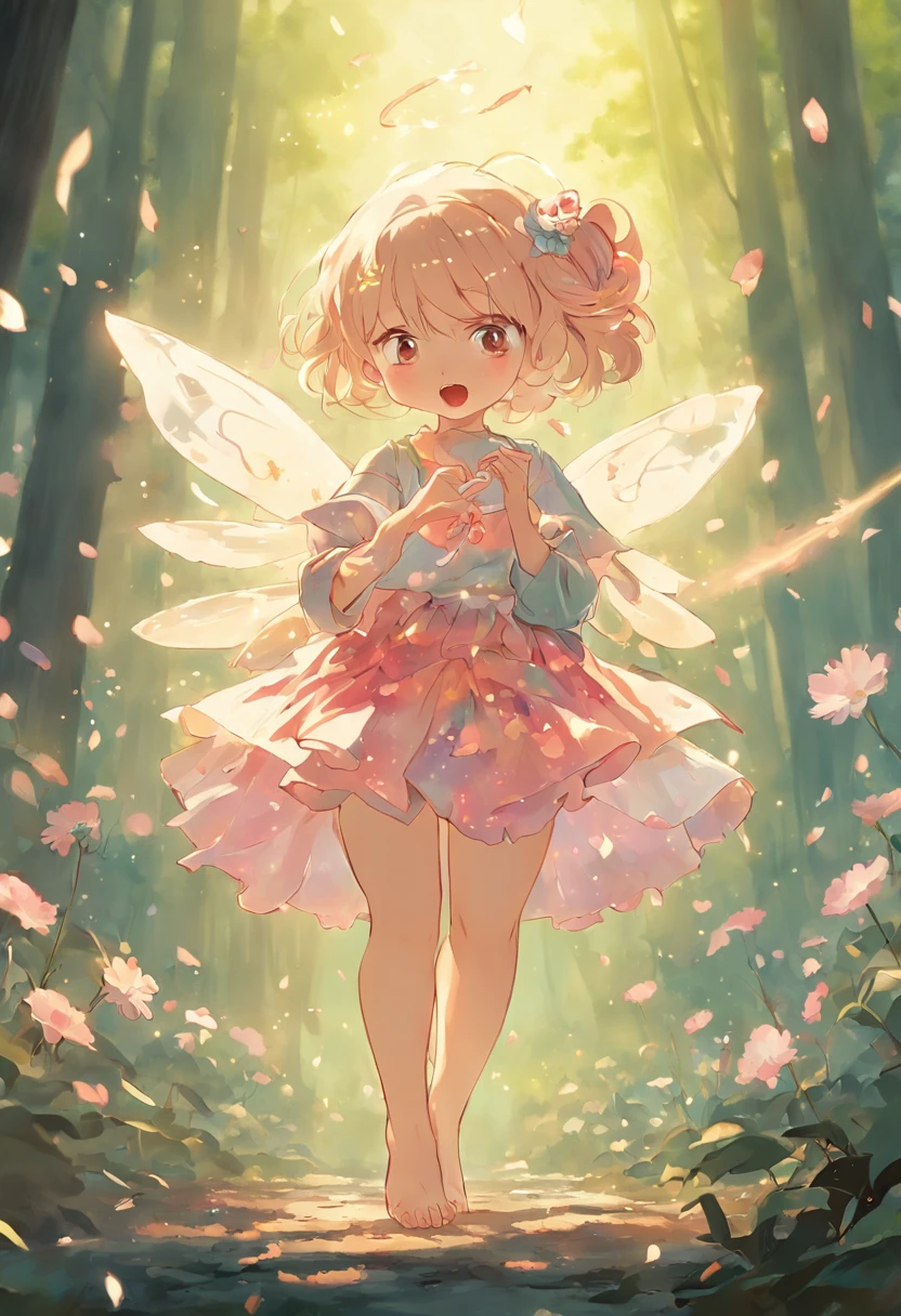 ln the forest，night moon，Mini cute 3  flower fairy, Chubby toot，Skirt made of petals，fresh flowers，Colorful colorful，Transparent colorful wings, Magic wand，closeup cleavage，Light attenuation，Glow effects，depth of fields，high light，Real light，Ray traching，oc rendered，Hyper-realistic，best qualtiy，8K，Works of masters，super-fine，Detailed pubic hair，Correct anatomy，sharp focus on eyes，Bokeh，Facial features are carefully depicted，in style of hayao miyazaki，Miyazaki animation style
