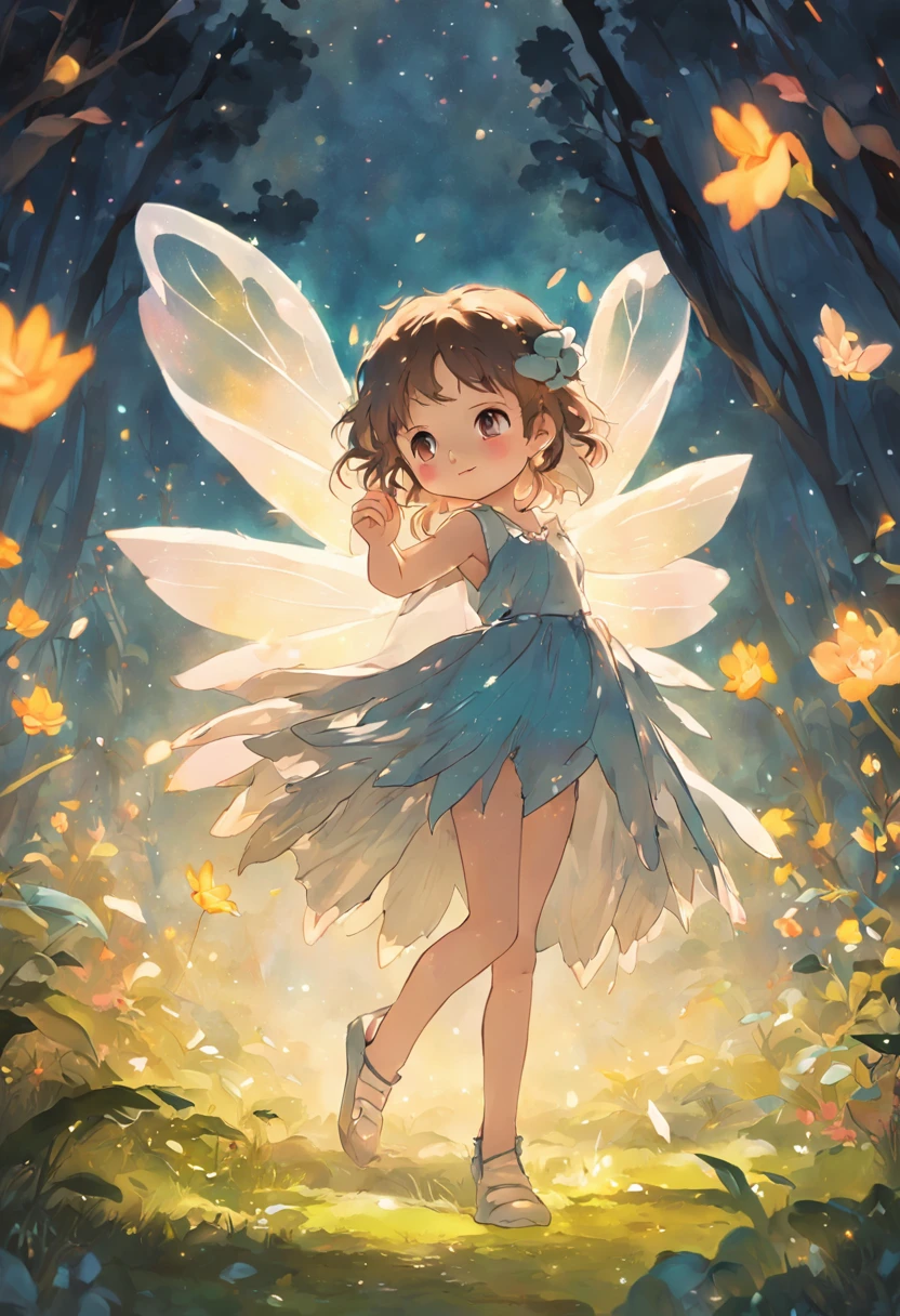 ln the forest，night moon，Mini cute 3 year old flower fairy, Chubby toot，Skirt made of petals，fresh flowers，Colorful colorful，Transparent colorful wings, Magic wand，closeup cleavage，Light attenuation，Glow effects，depth of fields，high light，Real light，Ray traching，oc rendered，Hyper-realistic，best qualtiy，8K，Works of masters，super-fine，Detailed pubic hair，Correct anatomy，sharp focus on eyes，Bokeh，Facial features are carefully depicted，in style of hayao miyazaki，Miyazaki animation style