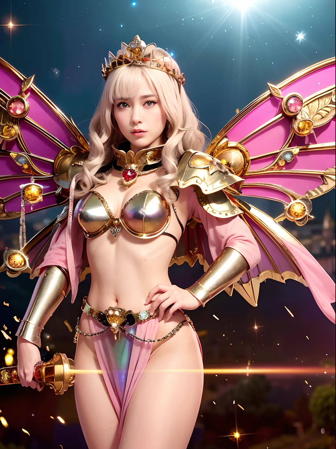 (masutepiece), Professional , masterpiece、top-quality、photos realistic , depth of fields (Gemstone Silver Metal Body:1.9),(Matte Pink、Jewel Gold Weapon、(Gorgeous castle background)、(ultimate beauty girl)、(Rainbow fairy wings grow)、Particles of light、(Metal body of iridescent gemstones:1.9),Gorgeous Jewel Metal Weapons , Detailed Sword of the Brave ,( a blond) ,warhammer 40k , adepta sororitas,Detail and ornate jewel crown、独奏、Brown hair、(Gangle's forest background)、Beautiful Caucasian beauty、1a person、dynamic ungle,(((Diamond tiara with detail and luxury)))、a small face、Powerful poses、(Gorgeous castle background)、huge filesize、20 year old beautiful woman、Stand in the center of the screen、Thin female fingers、Straight long hair、Beautiful Caucasian beauty、(maikurobikini)、Hair fluttering in the wind、face forwards、Look at viewers、