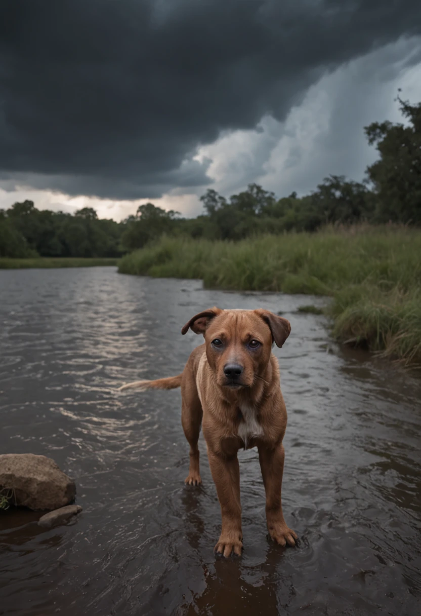 pup, Surreal, Tense, Warm, Highly detailed, sharp, Professional, 8K UHD, movie, Dark, Violent, plein air, River, buttle, chase, Dramatic, Vivid, Tense atmosphere, rendered, epicd, Twilight, nffsw, album covers, blizzard, Lightning, disaster