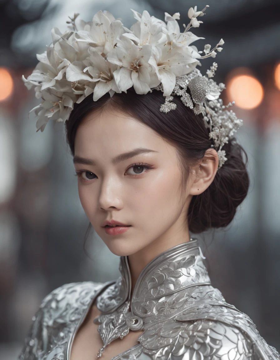 hyper realisitc，The whole body is like a scene，Fine art film style，Wear a futuristic silver outfit，Very beautiful asian woman，An amusement park，There are many falling flowers and petals around，Super realistic，Future Science and Technology City，Vivid colors，dream-state，Dream World