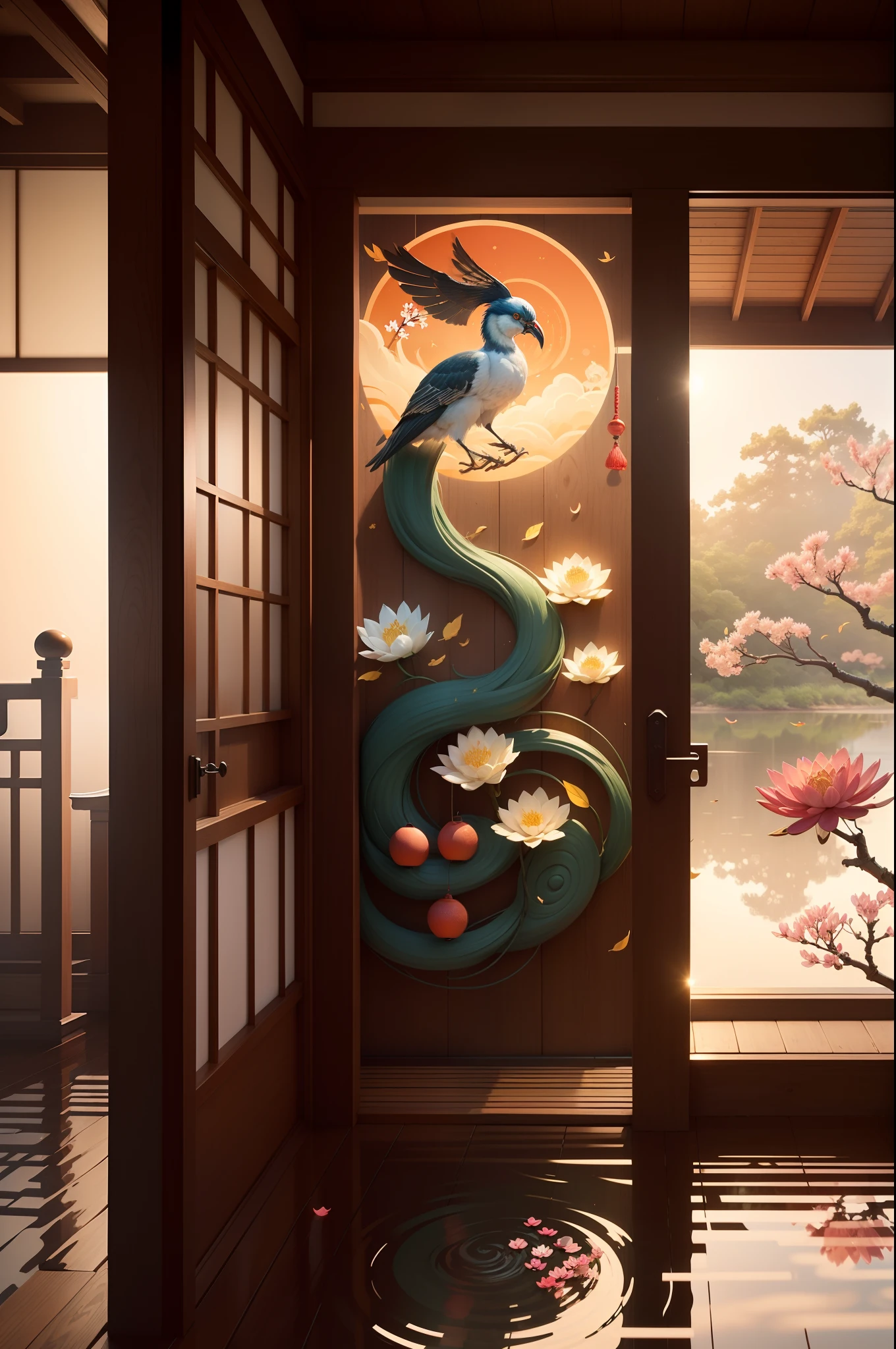 "Visualize a captivating wallpaper adorned with a meticulously crafted pattern of iconic Japanese symbols, each layer contributing to a rich and harmonious tapestry.
Cherry blossoms, delicate and ephemeral, flutter across the canvas, evoking the beauty and transience of life. The torii gate, a sacred portal, stands tall, symbolizing the boundary between the spiritual and physical worlds.
Elegant kanji characters weave into the design, each character holding profound meaning. '和' (wa) represents harmony and unity, '勇' (yuu) embodies courage, and '平和' (heiwa) signifies peace.
Beneath a serene moonlit sky, a red sun disc or '日' (hi) radiates, representing hope and new beginnings. Bamboo stalks stand strong and flexible, symbolizing resilience and adaptability.
A tranquil pond mirrors the surroundings, its surface adorned with a water lily or '蓮' (hasu), signifying purity and enlightenment. Koi fish swim amidst lotus flowers, embodying transformation and perseverance.
Golden cranes take flight, their wings symbolizing longevity and good fortune. The tranquil sound of a temple bell or '鐘' (kane) resonates, bringing mindfulness and inner peace.
The color palette seamlessly blends soothing blues, soft pinks, and earthy greens, invoking a sense of calm and connection to nature. This wallpaper pattern is an intricate mosaic of Japanese symbolism, inviting you to explore the layers of culture, wisdom, and beauty they hold."