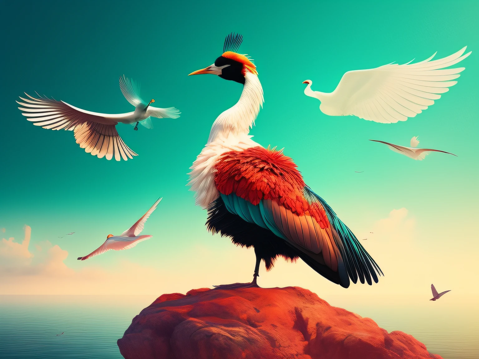 There is a one-legged red-crowned crane standing on a rock in the grass, Cyan back feathers，Red belly feathers，White mouth，a digital painting inspired by Mike Winkelmann, cgsociety contest winner, Fantasy art, fiery bird, birds f cgsociety, Beautiful digital artwork, surrealistic bird, Fantasy art Behance, stunning digital illustration, artwork of a phoenix, surrealistic bird, trend on behance 3d art