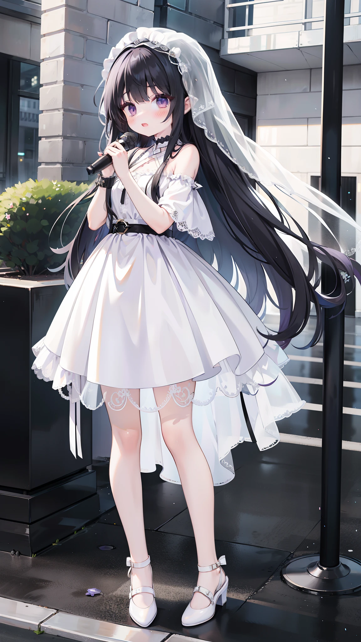 One stands on the street, with long black hair, white veil, purple eyes, off-the-shoulder white front short back long dress, white small leather shoes, holding a microphone, idol style