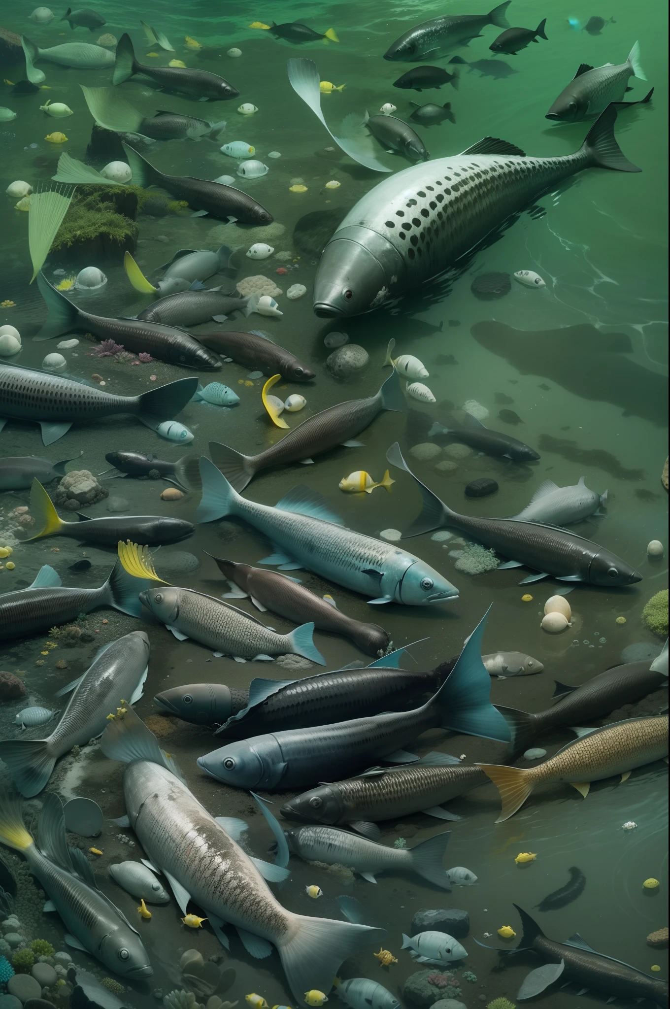 Black seawater,Subsea litter,Polluted oceans,Dead fish