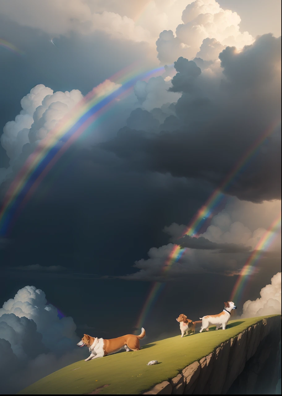 a boy take care of Three dogs in clouds paradise and lots of rainbows