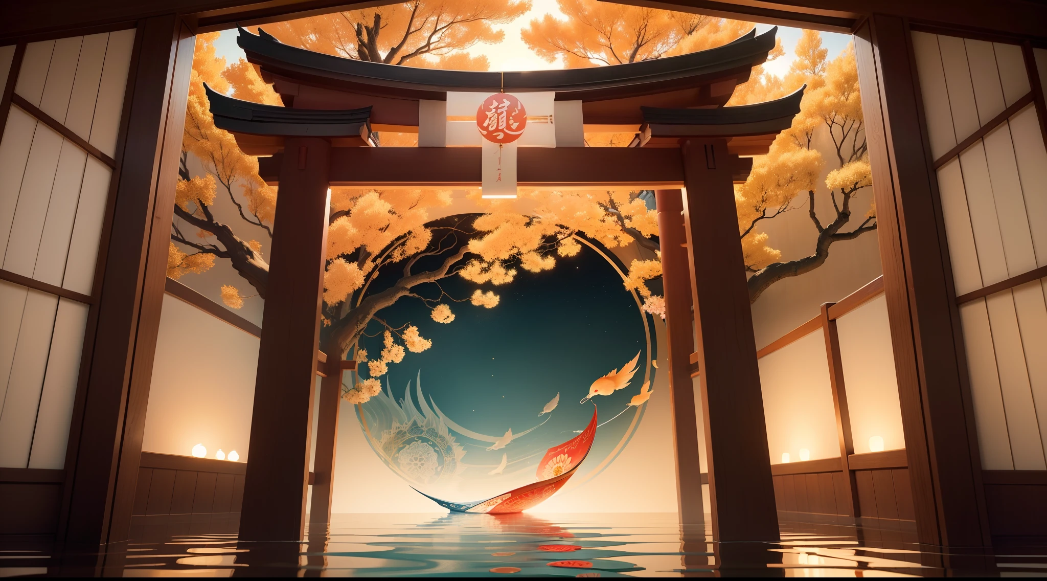 "Visualize a captivating wallpaper adorned with a meticulously crafted pattern of iconic Japanese symbols, each layer contributing to a rich and harmonious tapestry.
Cherry blossoms, delicate and ephemeral, flutter across the canvas, evoking the beauty and transience of life. The torii gate, a sacred portal, stands tall, symbolizing the boundary between the spiritual and physical worlds.
Elegant kanji characters weave into the design, each character holding profound meaning. '和' (wa) represents harmony and unity, '勇' (yuu) embodies courage, and '平和' (heiwa) signifies peace.
Beneath a serene moonlit sky, a red sun disc or '日' (hi) radiates, representing hope and new beginnings. Bamboo stalks stand strong and flexible, symbolizing resilience and adaptability.
A tranquil pond mirrors the surroundings, its surface adorned with a water lily or '蓮' (hasu), signifying purity and enlightenment. Koi fish swim amidst lotus flowers, embodying transformation and perseverance.
Golden cranes take flight, their wings symbolizing longevity and good fortune. The tranquil sound of a temple bell or '鐘' (kane) resonates, bringing mindfulness and inner peace.
The color palette seamlessly blends soothing blues, soft pinks, and earthy greens, invoking a sense of calm and connection to nature. This wallpaper pattern is an intricate mosaic of Japanese symbolism, inviting you to explore the layers of culture, wisdom, and beauty they hold."