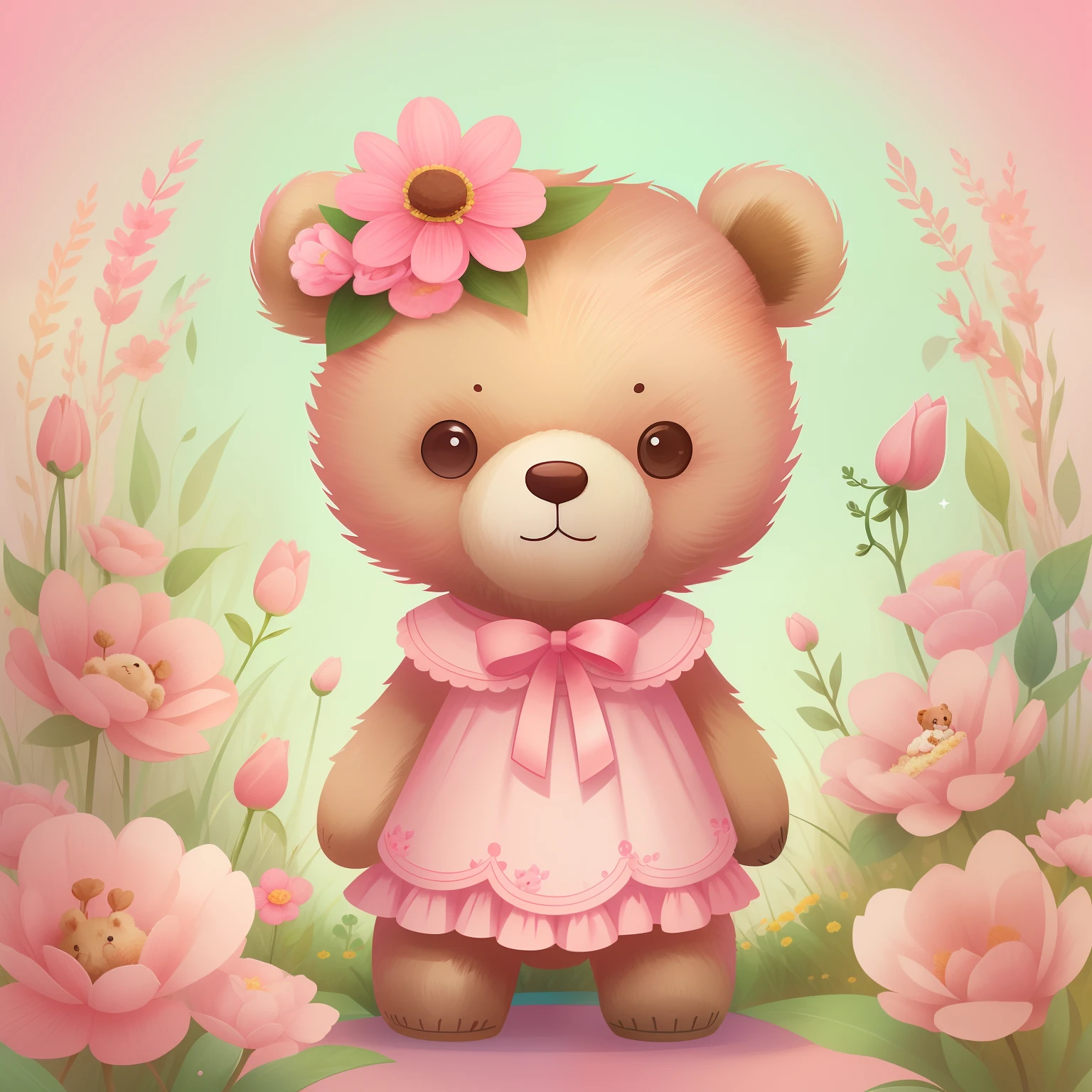 An adorable illustration of a teddy bear wearing a pink dress, with a flower on its head. The bear is standing in a garden, creating an enchanting and captivating scene. The art conveys a "kawaii" style and was created by talented artist Anna Dittmann, with vectorized details for a charming finish.