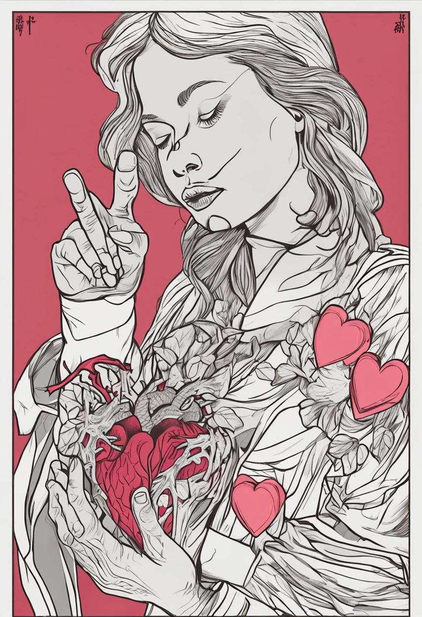 Draw an illustration of a hand grabbing a heart。With the image of a hand wrapping around the heart、Express your love or courage。Hand movements and heart designs、It is a point that conveys warmth and empathy。