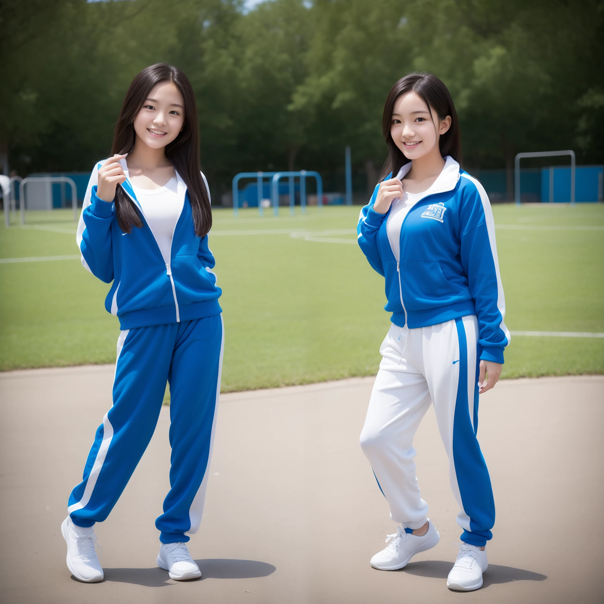 Beautiful high school student playing in blue and white tracksuit playing on school playground，Super high value，perfect body figure，beautiful hairl，Delicate hair，Fair face and skin，Beads of sweat hang down，Have fun on the playground，Large breasts and bulges，Chest hyperexcion，Clothes are tight，Delicate fair and soft toes，detailed finger，fully body photo