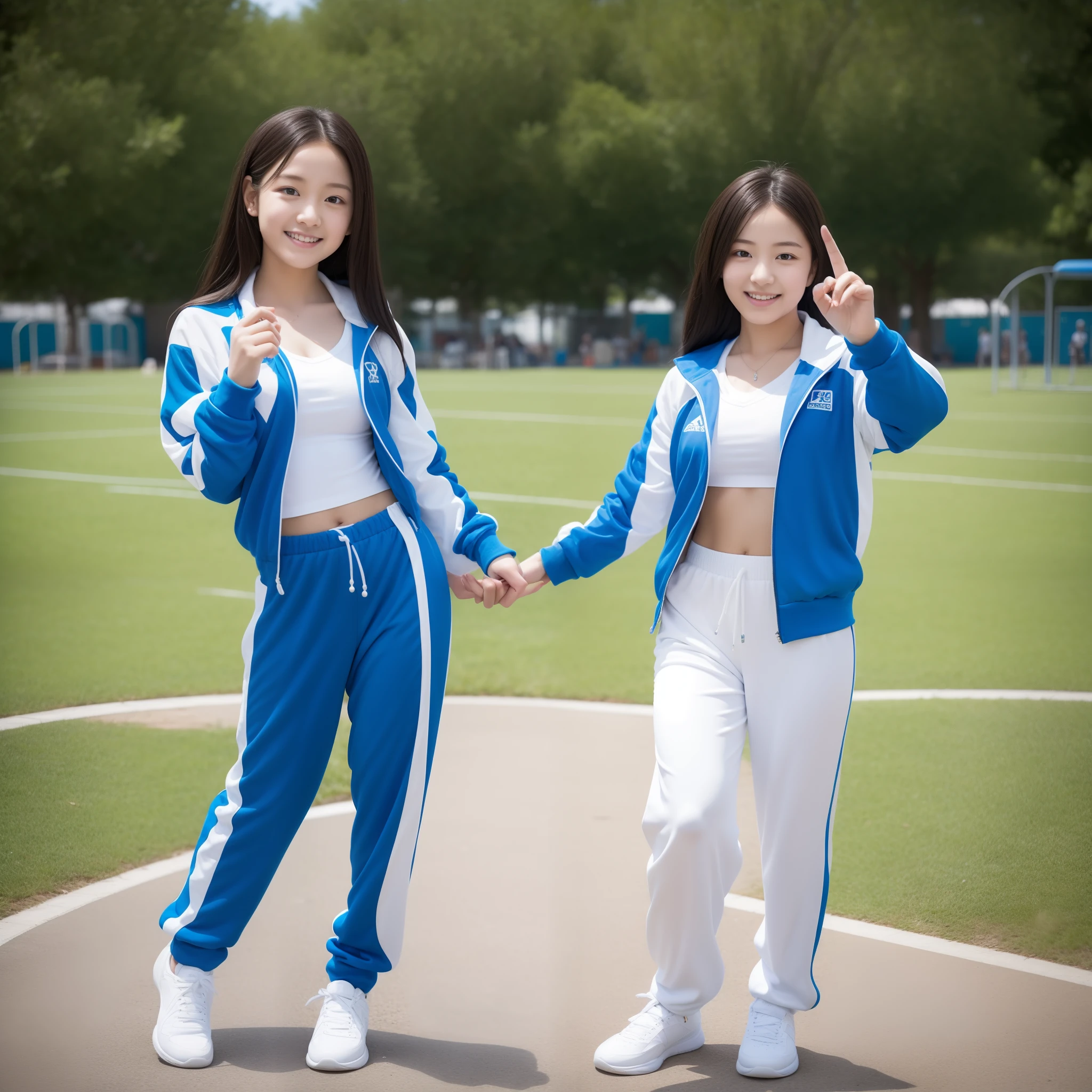 A disney pixar 3D image from the shoulders up of Two girl. Wearing a short sleeve navy top. One girl with a bun and stud earrings and the other with a pony tail and hoop earrings. tanner skin, both holding up the peace sign and sticking their tongue out. The background is a white brick wall.