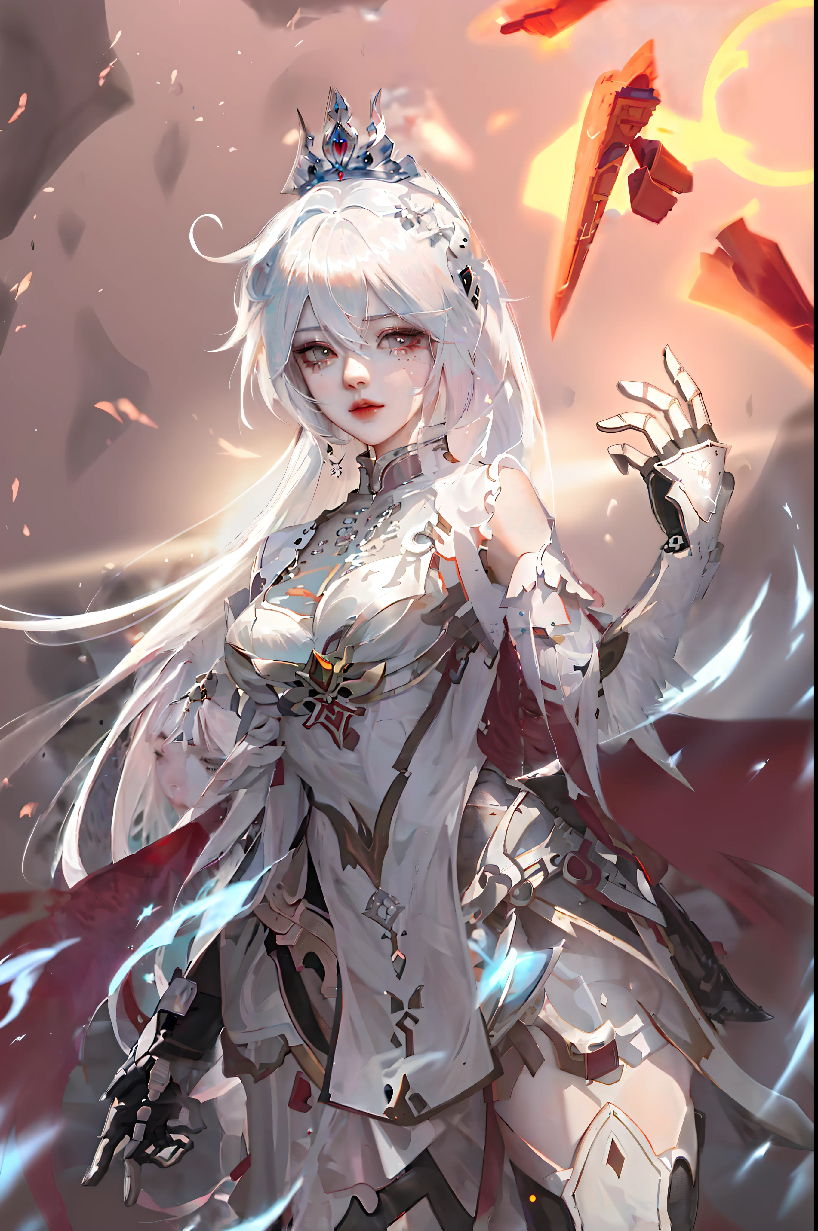One with white hair,Woman with a crown on her head, Zerotwo, Ayaka Genshin impact, white-haired god, Armor Girl, female anime character, Anime goddess, Anime character art, advanced digital anime art, White and red armor, Kushatt Krenz Key Art Women, Female action anime girl, White armor, Detailed anime artwork