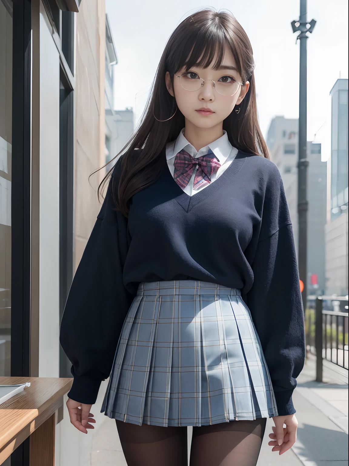 hight resolution、high-level image quality、8K、Real live-action、Raw photography、top-quality、​masterpiece、masutepiece、Erotic、Pupils、Pink bra,de pele branca,kne,(Black pantyhose),Detailed panty patterns、panties focus、pink color panties、Tiny panties、absurderes,a small face、huge-breasted、Parting the bangs from the middle、Forehead visible,(a cold expression<Tight eyes,glares,Bullish,Thin anger)、​masterpiece,top-quality、超A high resolution,Raw photo,ren,Beautiful fece,One Person, 独奏,Dark look,Small breasts,fullllbody、Very nice、JK school uniform,hi-school girl,A Japanese Lady,is standing,（Photorealsitic：1.37）、Photon mapping,Light blue ribbon,Realistic、Cute little face,Brown-eyed、Black socks、22year old、(Red bow tie)、Radio City、Physically Based Rendering、Foreground、depth of fields、Blurry background、a picture,The girls、Body,beauty legs, Long legs, Thin leg,Long bob cut,(Bangs are visible), hair, s lips, Blue_The eye, nosesoft,(PINK SHIRT), (Navy pleated skirt), Navy blue uniform jacket、White Sweater Vest、Knees are visible,Sheer clothing,, Thigh, Black cotton socks,Nogizaka Idol, 女優, Japanese ido、Sparkling eyes、shiny lip、