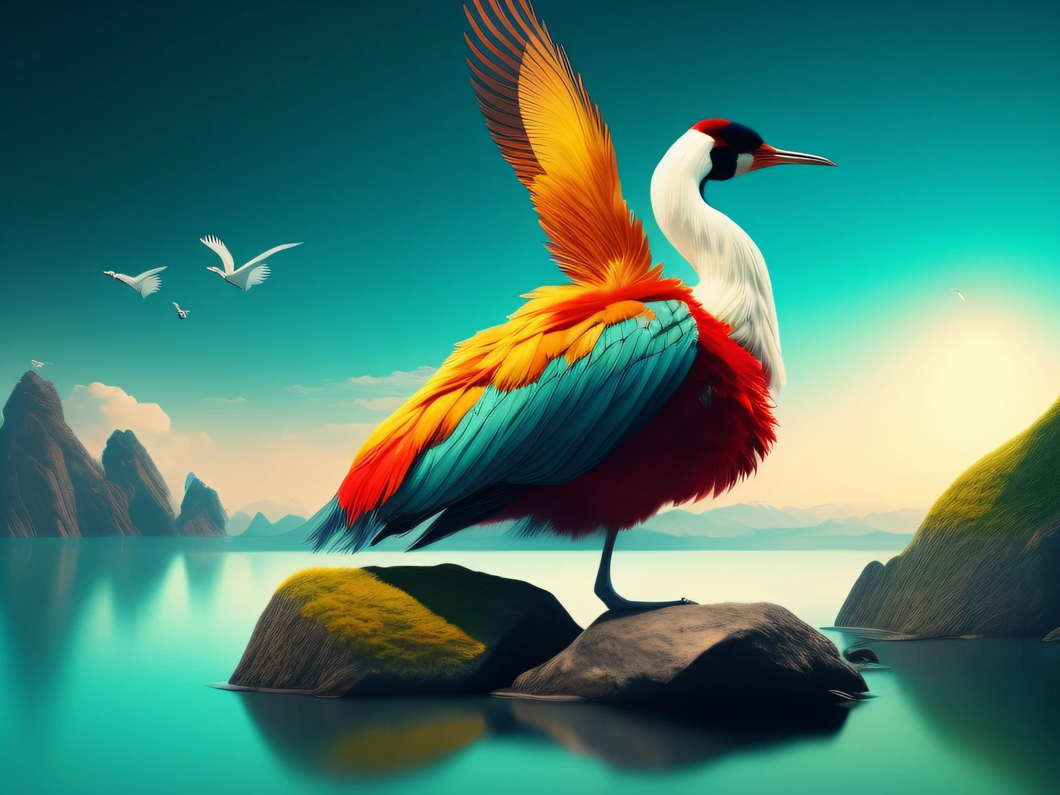 There is a one-legged red-crowned crane standing on a rock in the grass, Cyan back feathers，Red belly feathers，White mouth，a digital painting inspired by Mike Winkelmann, cgsociety contest winner, Fantasy art, fiery bird, birds f cgsociety, Beautiful digital artwork, surrealistic bird, Fantasy art Behance, stunning digital illustration, artwork of a phoenix, surrealistic bird, trend on behance 3d art