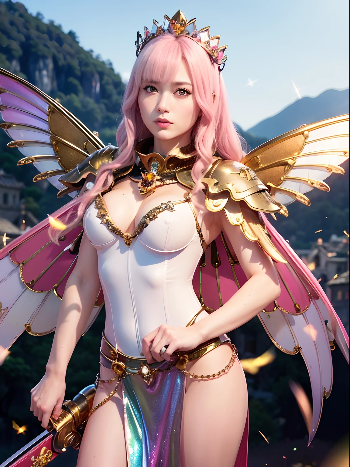 (masutepiece), Professional , masterpiece、top-quality、photos realistic , depth of fields (Gemstone Silver Metal Body:1.9),(Matte Pink、Jewel Gold Weapon、(Gorgeous castle background)、(ultimate beauty girl)、(Rainbow fairy wings grow)、Particles of light、(Metal body of iridescent gemstones:1.9),Gorgeous Jewel Metal Weapons , Detailed Sword of the Brave ,( a blond) ,warhammer 40k , adepta sororitas,Detail and ornate jewel crown、独奏、Brown hair、(Gangle's forest background)、Beautiful Caucasian beauty、1a person、dynamic ungle,(((Diamond tiara with detail and luxury)))、a small face、Powerful poses、(Gorgeous castle background)、huge filesize、20 year old beautiful woman、Stand in the center of the screen、Thin female fingers、Straight long hair、Beautiful Caucasian beauty、(maikurobikini)、Hair fluttering in the wind、face forwards、Look at viewers、