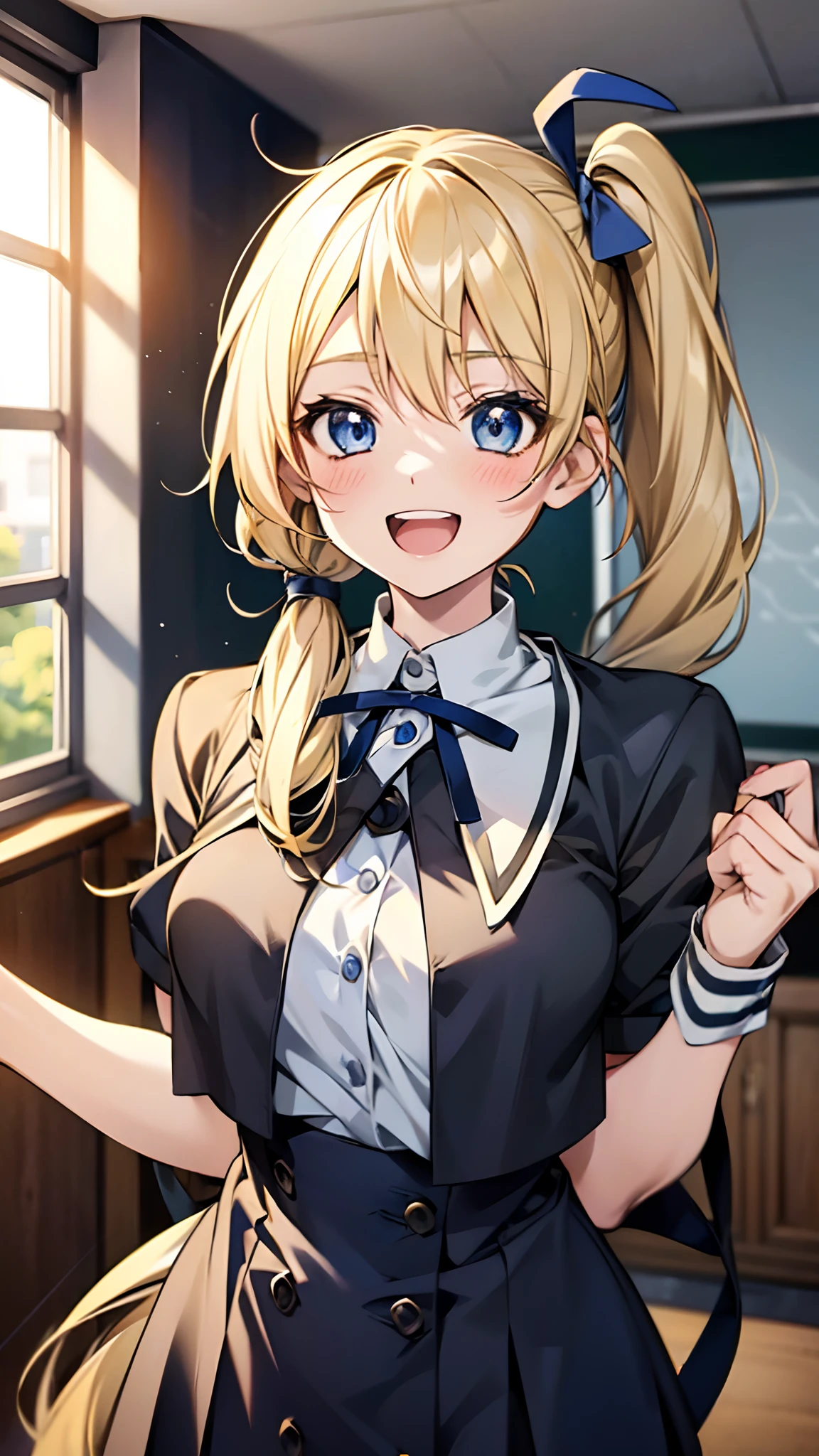 solo, (((anime girl with long blonde hair))), ((small side ponytail tied with blue ribbon)), (blue eyes), ((happy expression)), school uniform, skirt, ((classroom in background)), ((high quality)), (extremely detailed)