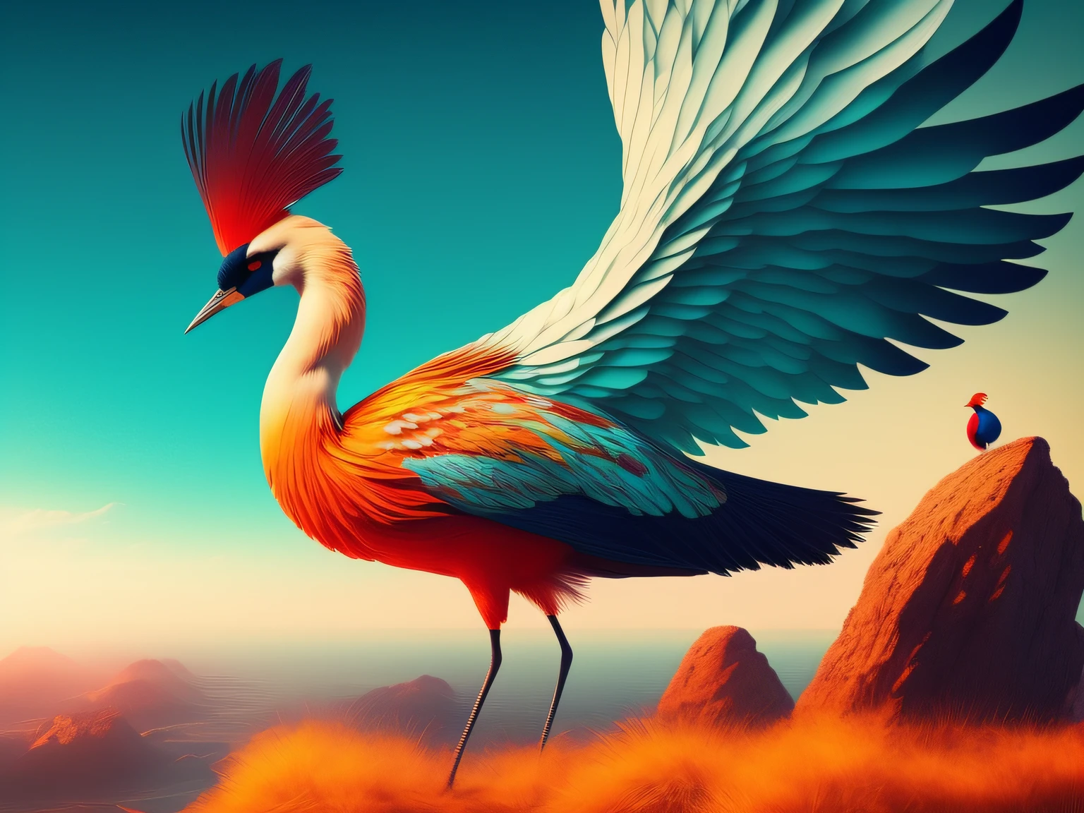 There is a one-legged red-crowned crane standing on a rock in the grass, Cyan back feathers,Red belly feathers,White mouth,a digital painting inspired by Mike Winkelmann, cgsociety contest winner, Fantasy art, fiery bird, birds f cgsociety, Beautiful digital artwork, surrealistic bird, Fantasy art Behance, stunning digital illustration, artwork of a phoenix, surrealistic bird, trend on behance 3d art