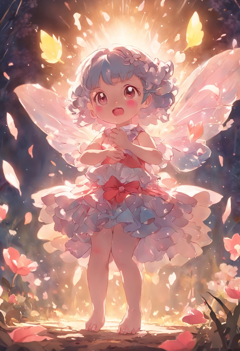 ln the forest，night moon，Mini cute 3 year old flower fairy, Chubby toot，Skirt made of petals，Huge flowers，Colorful colorful，Transparent colorful wings, Magic wand，closeup cleavage，Light attenuation，Glow effects，depth of fields，high light，Real light，Ray traching，oc rendered，Hyper-realistic，best qualtiy，8K，Works of masters，super-fine，Detailed pubic hair，Correct anatomy，sharp focus on eyes，Bokeh，Facial features are carefully depicted，in style of hayao miyazaki，Miyazaki animation style
