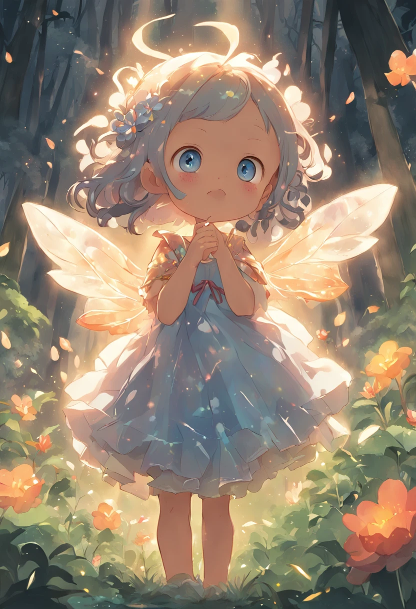 ln the forest,night moon,Mini cute 3 flower fairy, Chubby toot,Skirt made of petals,fresh flowers,Colorful colorful,Transparent colorful wings, Magic wand,closeup cleavage,Light attenuation,Glow effects,depth of fields,high light,Real light,Ray traching,oc rendered,Hyper-realistic,best qualtiy,8K,Works of masters,super-fine,Detailed pubic hair,Correct anatomy,sharp focus on eyes,Bokeh,Facial features are carefully depicted,in style of hayao miyazaki,Miyazaki animation style