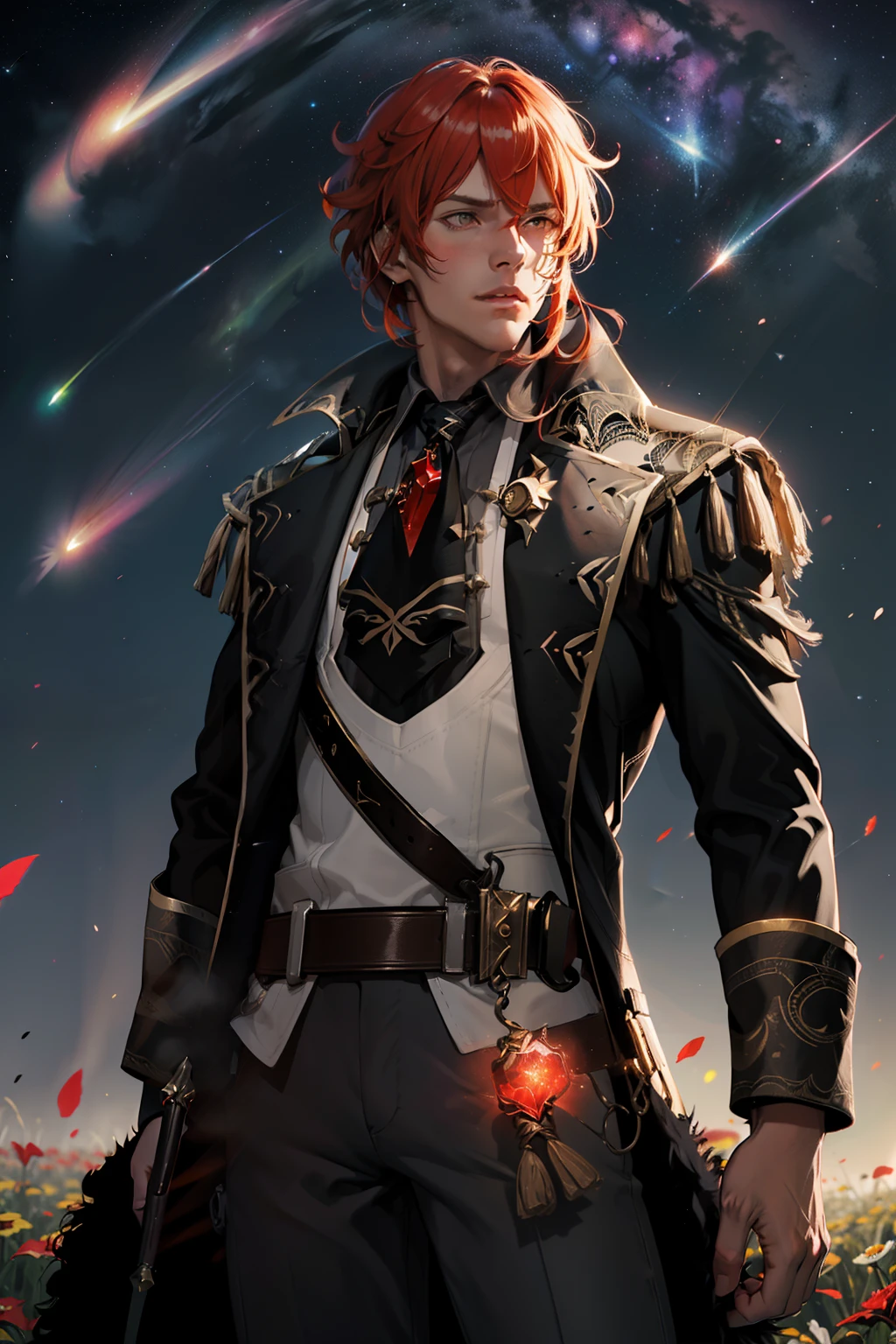 1 male solo, mature, handsome, tall muscular guy, broad shoulders, diluc (genshin impact), red hair, brown coat, brown pants, black tie with red crystal, dynamic pose, dramatic light, cinematic shot, on a field of flowers at night. night sky and stars, glowing flowers, ((bright comets flying in the sky))