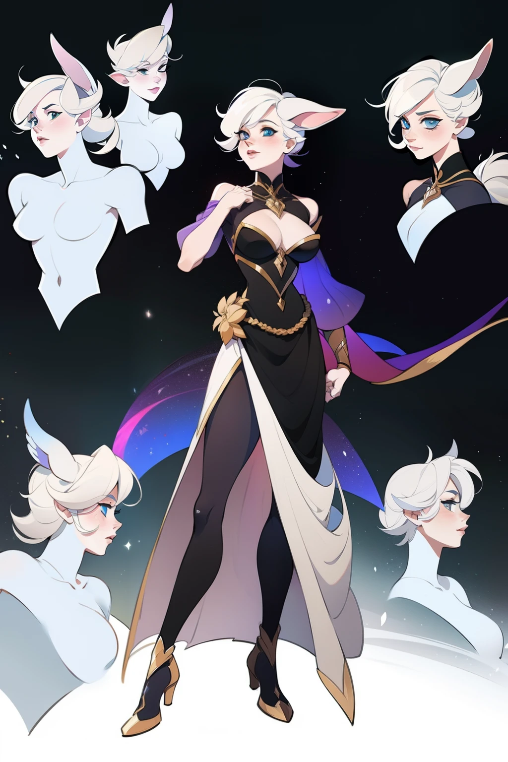 Concept design fantasy elfine wizardess with short hair, revealing costume