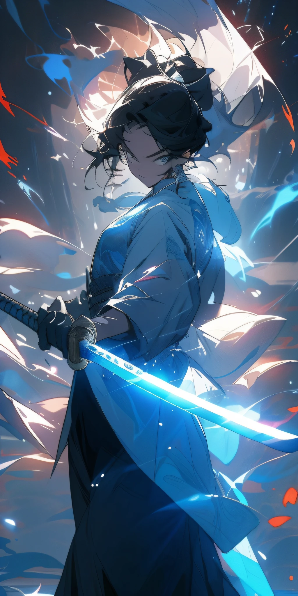 A woman in a blue dress holding a sword in her hand - SeaArt AI