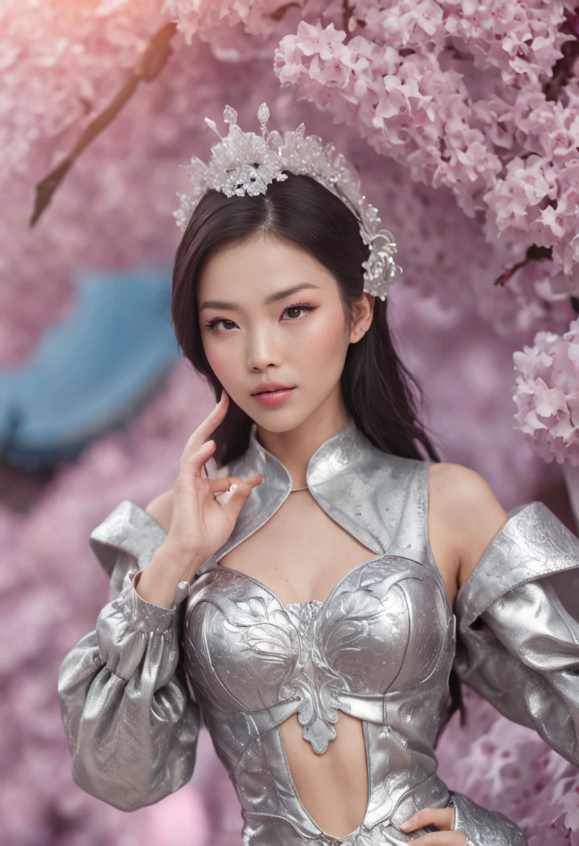 hyper realisitc，The whole body is like a scene，Fine art film style，Wear a futuristic silver outfit，Very beautiful asian woman，An amusement park，There are many colorful petals and popcorn around，Super realistic，future-tech，Vivid colors，dream-state