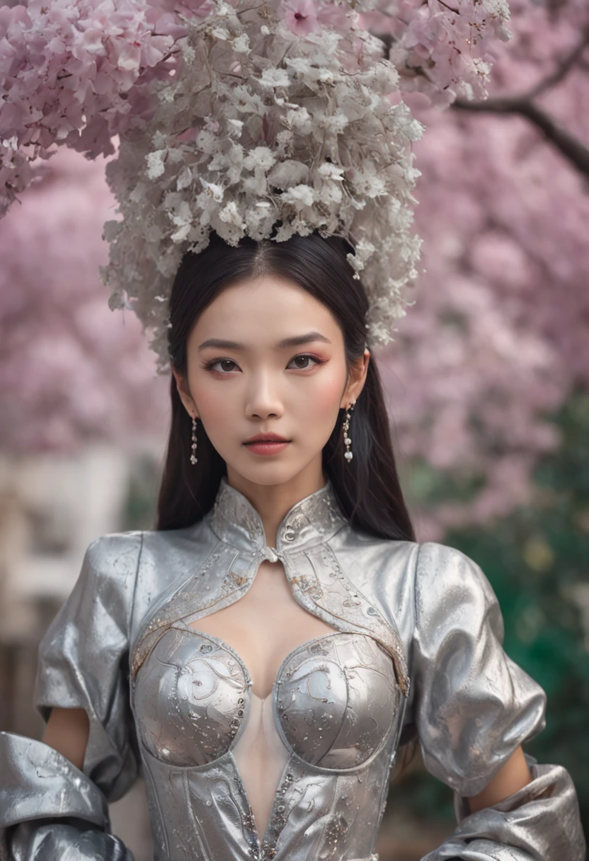 hyper realisitc，The whole body is like a scene，Fine art film style，Wear a futuristic silver outfit，Very beautiful asian woman，An amusement park，There are many colorful petals and popcorn around，Super realistic，future-tech，Vivid colors，dream-state
