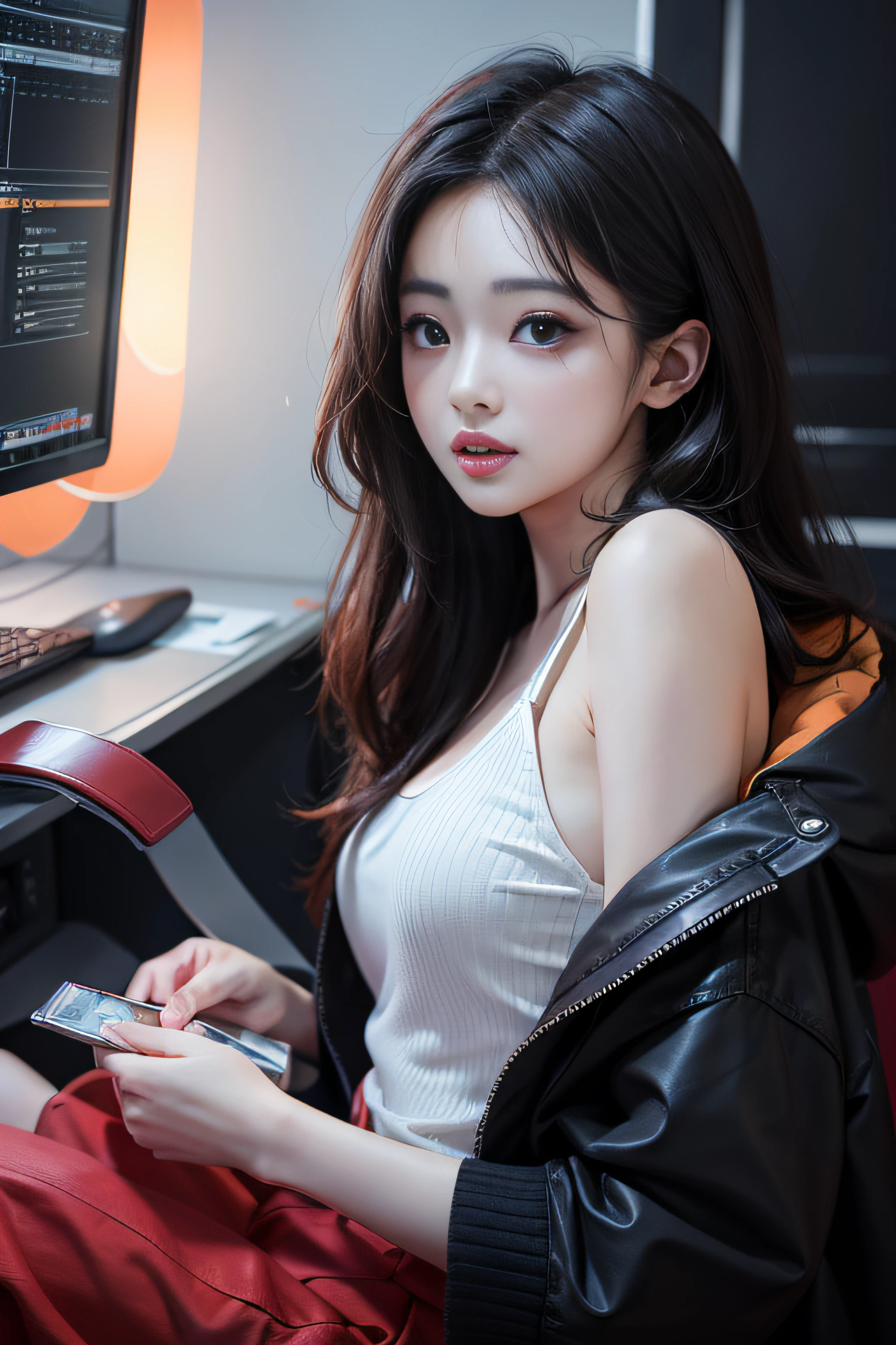 (Bird-eye perspective : 1.5), (((SFW : 1.2))), (intricate details:1.2), (masterpiece:1.3), (top quality:1.4), (Ultra A high resolution:1.2), 8K resolution, dark, (high quality), A woman is filming a Twitch broadcast, enjoying, korean, 23 years old, fairly slim body, femme fatale makeup, slim waist, her legs is slim and beautiful, fan service, hair turned to one side, bang, she being weared feminine dress, pantyhose in skirt, Personal broadcast interface screen, BJ, female Cam, cam view, on a private broadcast., Shooting equipment, various props, girls Room for personal photography purposes, sitting in a chair at the computer desk, cowboy shot, her gaze looking downward, her mouth opened to funny talking with you,Various reaction poses, microphone on a desk, Chat communication with viewers, Show chat log, Show viewers list, twitchchat, blackout curtain, indirect light, language is Korean, 