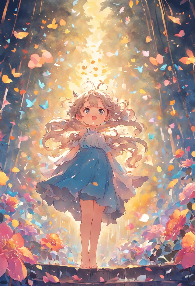 illustration，Fine lines，The lines are accurate，ln the forest，night moon，Mini cute 3  flower fairy, Chubby toot，Skirt made of petals，Huge flowers，Colorful colorful，Transparent colorful wings, Magic wand，closeup cleavage，Light attenuation，Glow effects，depth of fields，high light，Real light，Ray traching，oc rendered，Hyper-realistic，best qualtiy，8K，Works of masters，super-fine，Detailed pubic hair，Correct anatomy，sharp focus on eyes，Bokeh，Facial features are carefully depicted，in style of hayao miyazaki，Miyazaki animation style