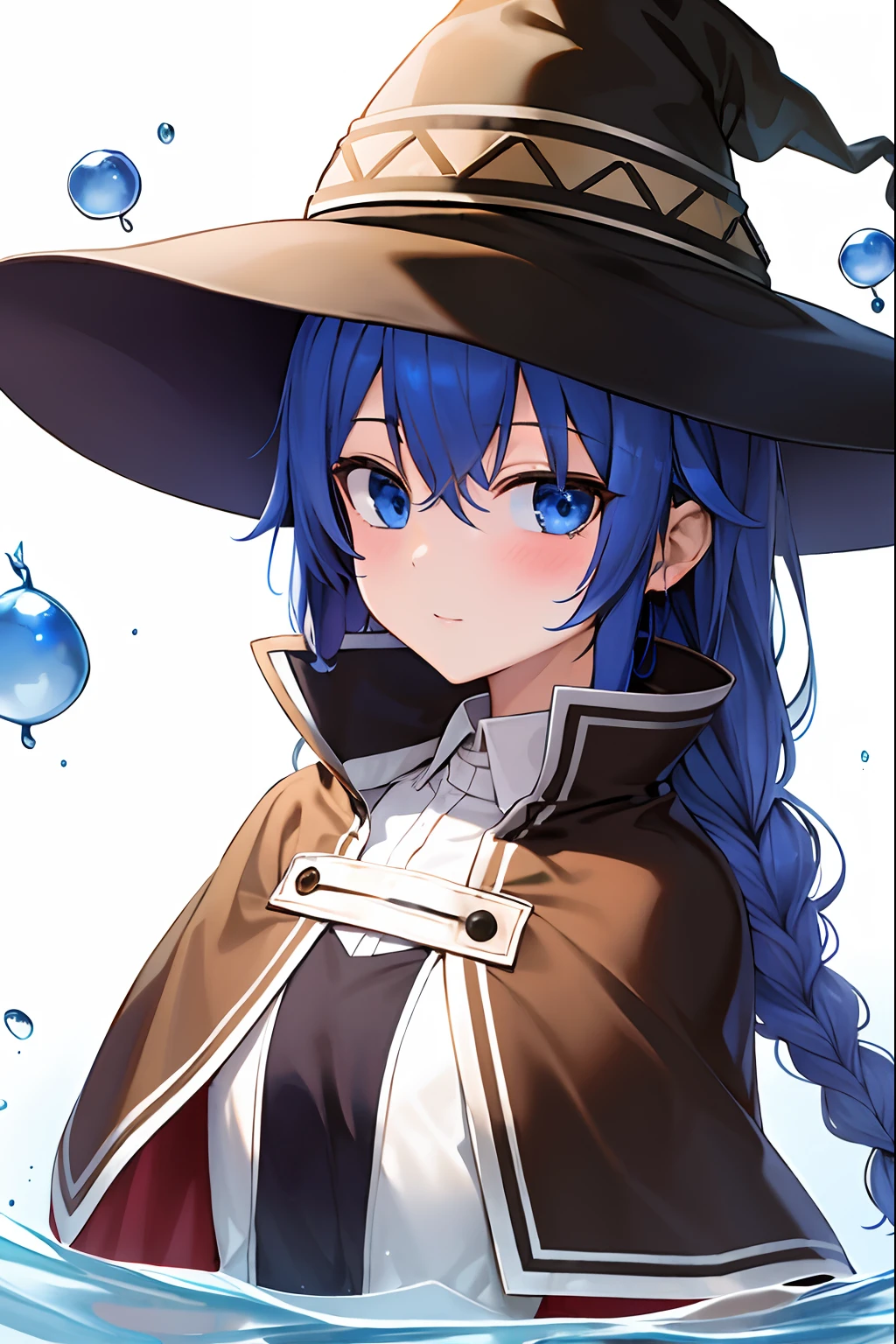 ((masterpiece,best quality)), 
roxy migurdia, 1girl, bangs, black headwear, witch hat, blue eyes, blue hair, braid, brown cape, floating hair, hair between eyes, looking at viewer, portrait, water drop, magic