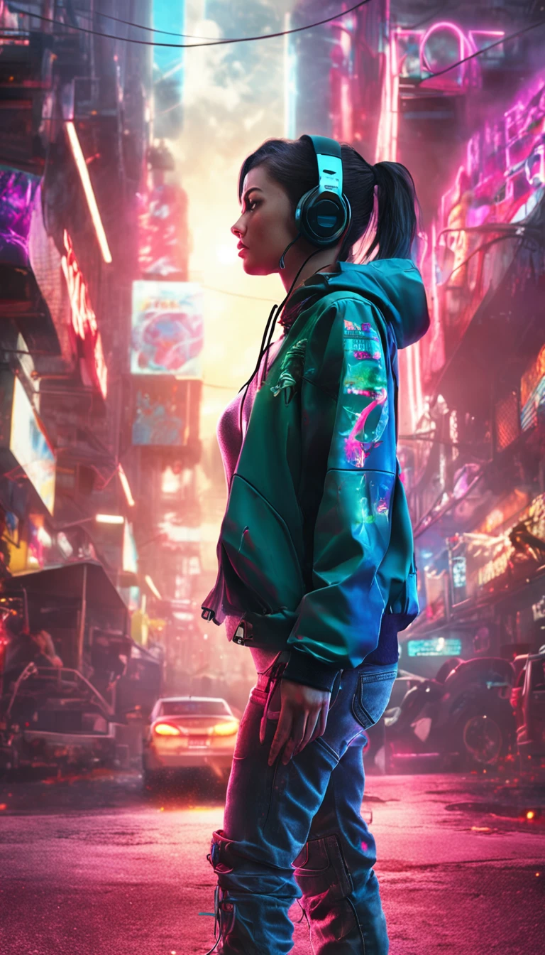 jane_noexist, 1girl, gamer, cyberpunk, headphones, total nude, japan, stars, complex background , street , graffiti volumetric, dramatic lighting, lens flare, photorealistic, masterpiece, best quality