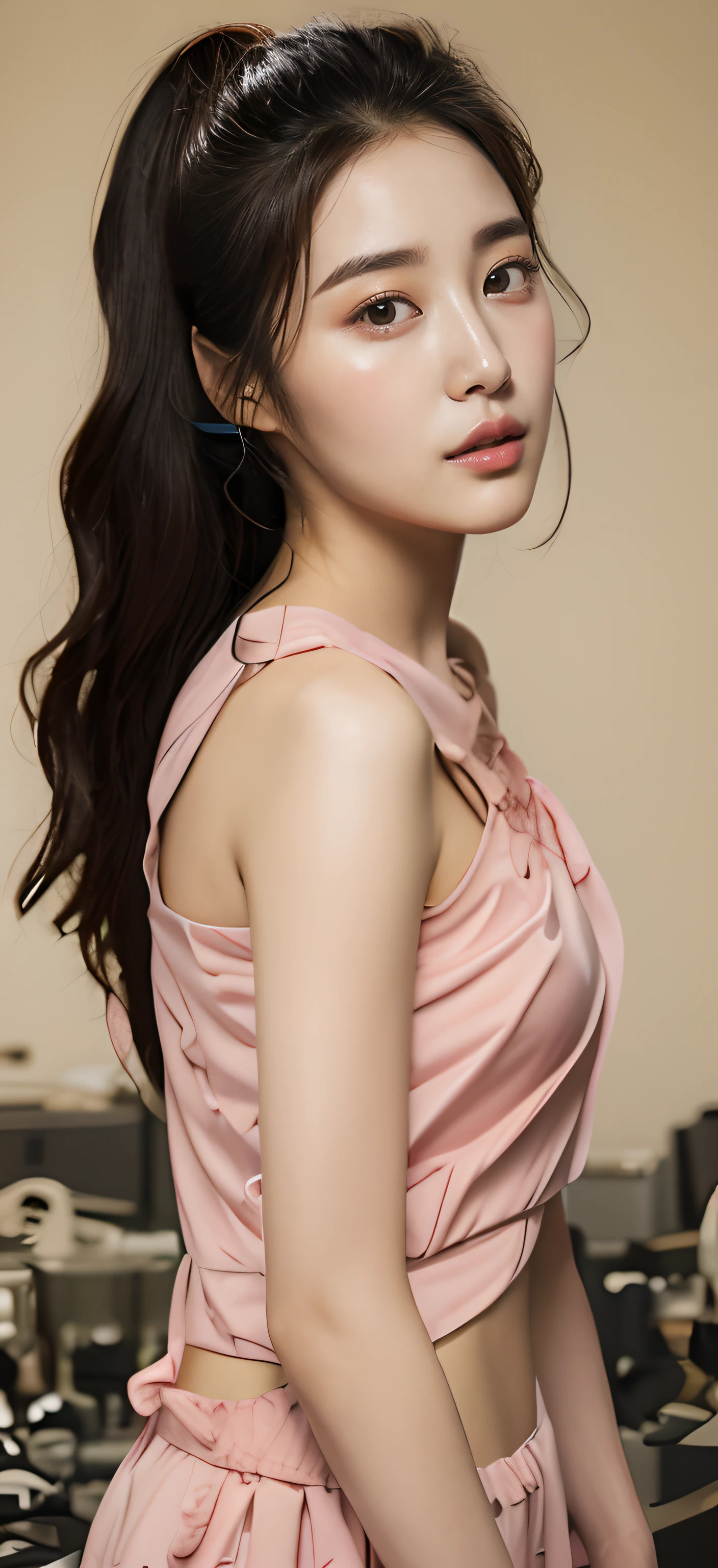 Close-up of a woman posing for a photo, Dreamy,of a real,wearing a light - pink suit, bae suzy, Fan Bingbing, korean women's fashion model, song hye - kyo, female actress from korea, lee ji eun, Lee Ji-eun, park jimin, hwang se - on, iu lee ji-eun as a super villain,Ray traching