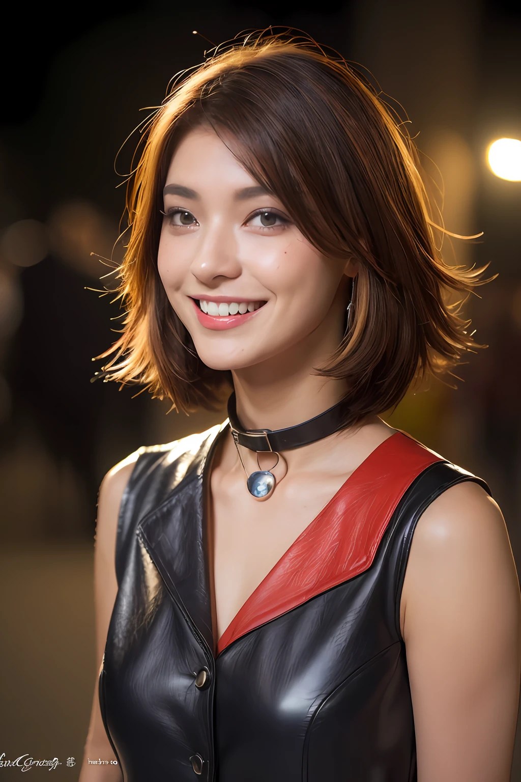 (natta、Soft lighting、top-quality、in 8K、masuter piece、Raw photo:1.3)、Mystical、flawless beauty、beautiful young woman with, Fantasia, Red colored eyes、Slender eyes、Narrow-eyed、Symmetrical eyes、(multicolored hair、Wolf Cut Hairstyles:1.5)、耳Nipple Ring、Thin bracelet on wrist、(full bodyesbian、chest、Sleeveless shirt with collar、Button collar shirt、Tight leather pants:1.2)、ultra-detailliert, intricate detailes, Highly detailed face and skin type、Slim body、(tattoos all over body、Have tattoos all over the body、The tattoo)、A detailed eye、realisitic、make - up、Know、Bewitching、Beautiful standing figure、small tits 、Medieval European Streets、city street at night、Invincible smile、Dynamic angles